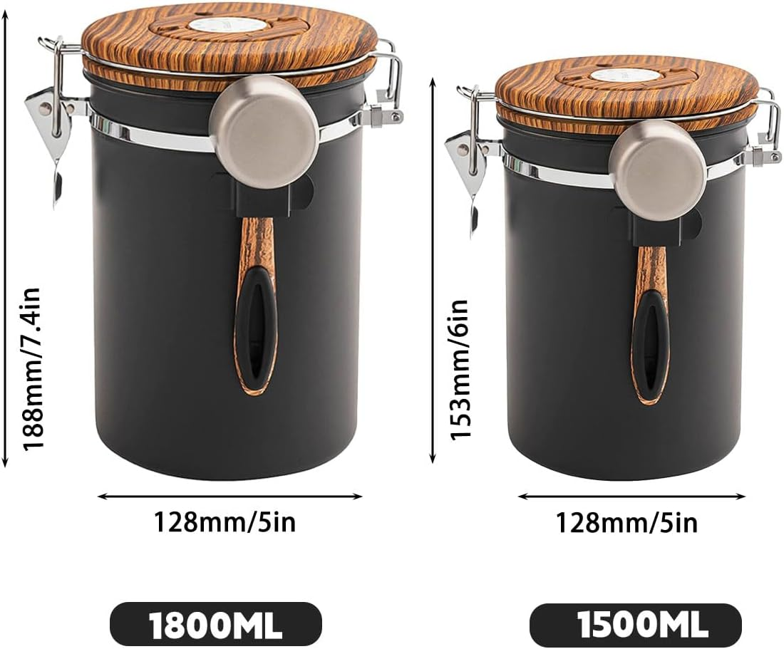 AIMALL Coffee Storage Canister with Day Schedule, Vacuum Sealed Jar with Spoon and Date Tracker, Airtight Stainless Steel Tea Powder Container in Wood Grain and Black image number 1