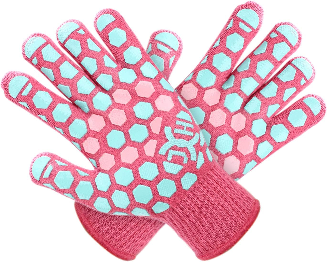 J H Heat Resistant Oven Mitts: EN407 Certified 932 &deg;F, 2 Layers Silicone Coating, BBQ & Oven Gloves for Cooking, Kitchen, Fireplace, Grilling (Women Fits All, Coral Shell with Turquoise/Pink Coating) image number 2