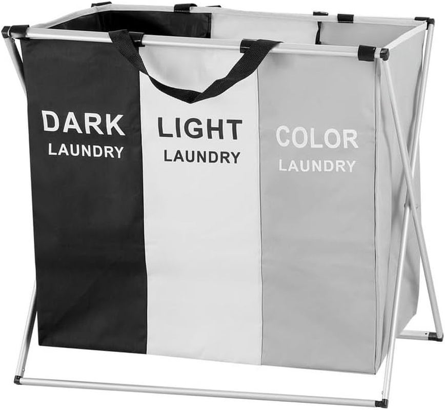 Artiss 3 Sections Laundry Basket, Collapsible Double Laundries Hamper Bag Washing Bags Foldable Dirty Clothes Storage Large Container Organization, for Home Bathroom Bedroom image number 6