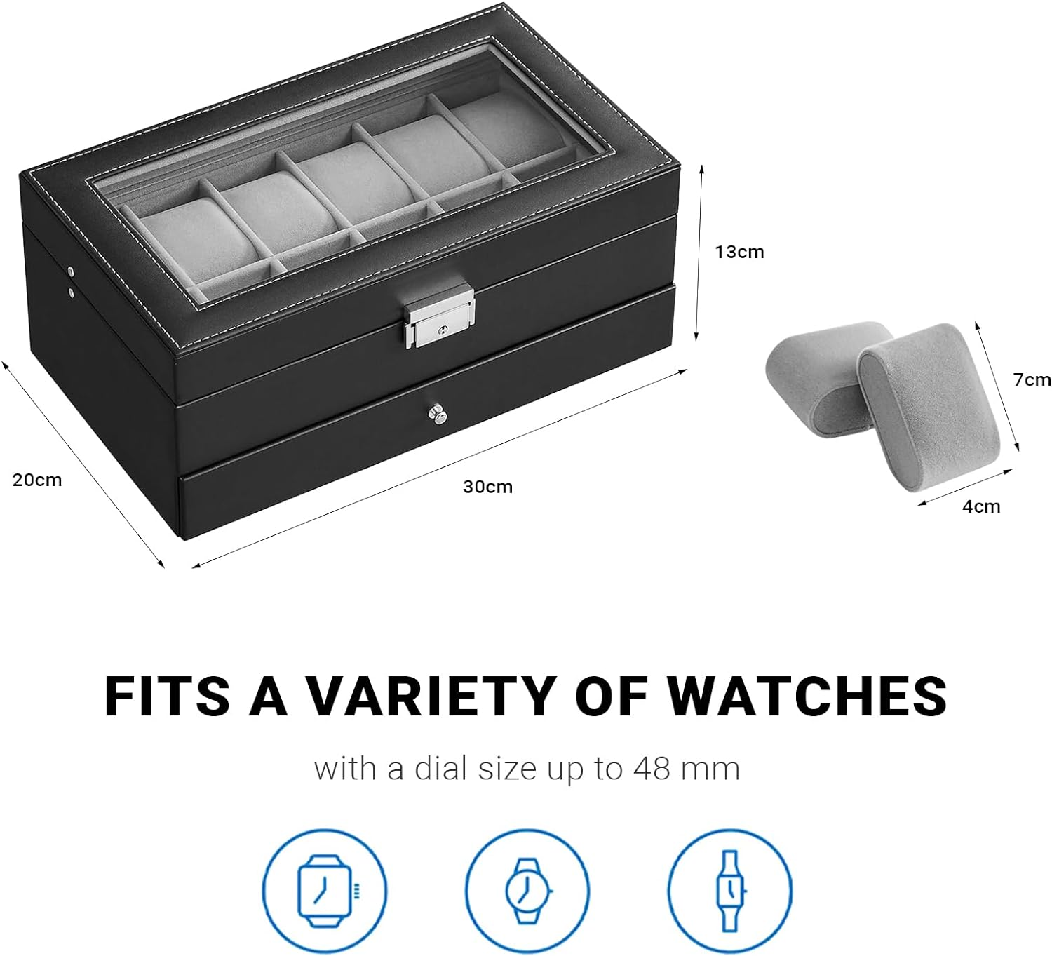LIAN Watch Box 12-Slot Watch Box Jewelry Box Organizer for Men 2 Layers with 1 Drawer for Rings, Glasses,Jewelry,Necklace Black Perfect Birthday Gifts image number 6
