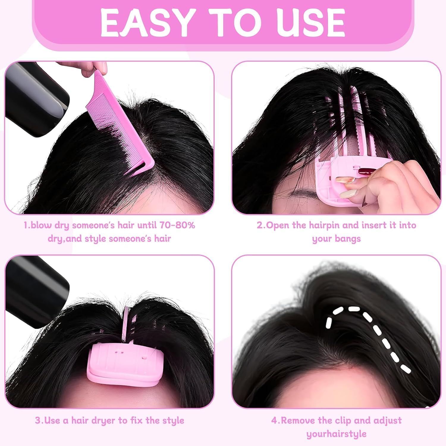 Heanvmyss Wind Shaping Styling Combs for Fluffy Bangs,4 Pcs Clips for Hair Volume,3 or 6 Teeth Volumizing Hair Clips for Natural Voluminous Look (Pink) image number 6