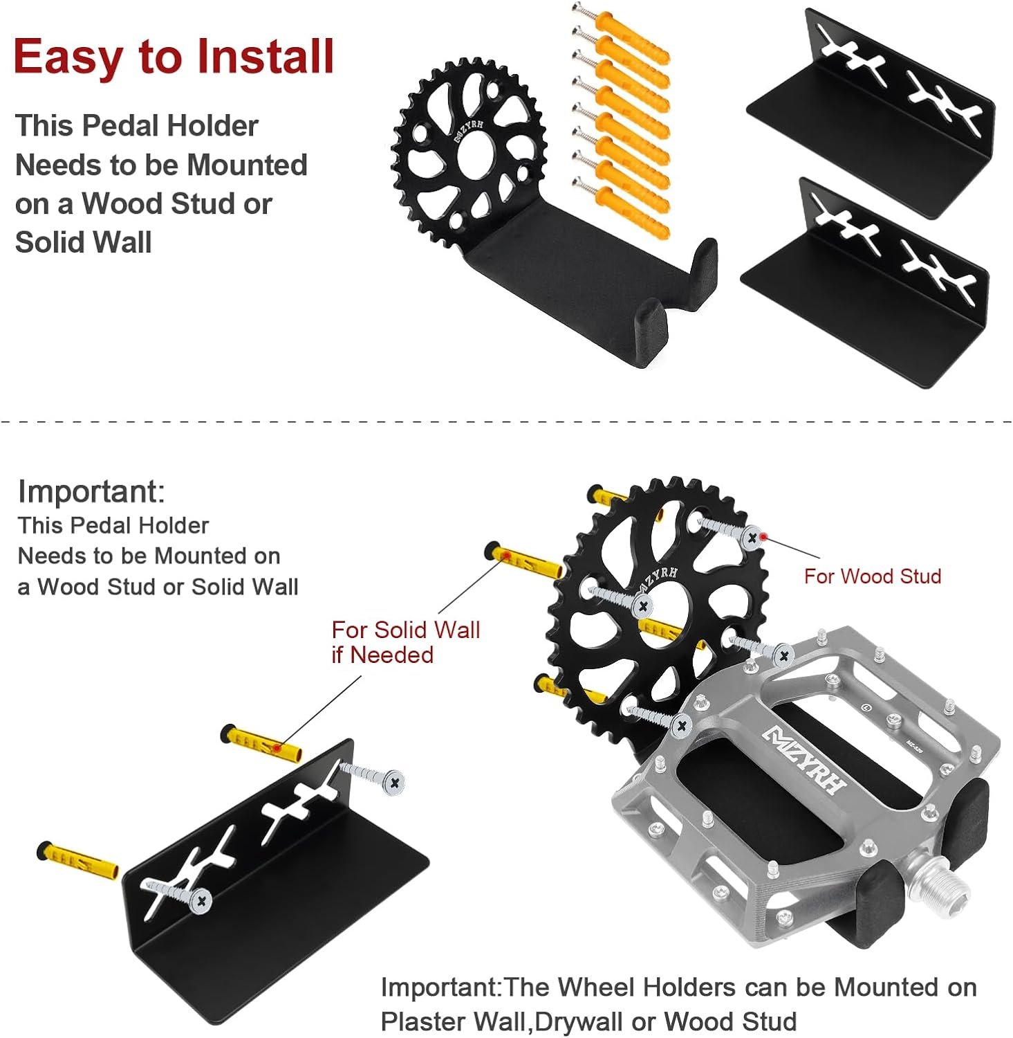 MZYRH Bike Wall Mount, Pedal Hanger for Indoor Storage, Heavy Duty Rack for Garage or Home, Hold Hooks for Road and Mountain Bikes (2 Pack) image number 3