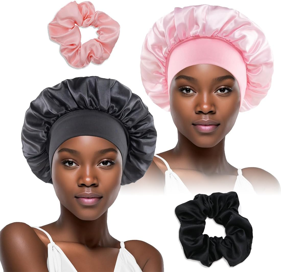 DWFEYOI Satin Sleeping Cap, Pack of 2 Silk Caps, Adjustable Hair Cap, Silk with 2 Satin Hair Bobbles, Night Sleep Cap, Women Girls Breathable Sleeping Cap, Sleeping Cap (Black, Pink) image number 3