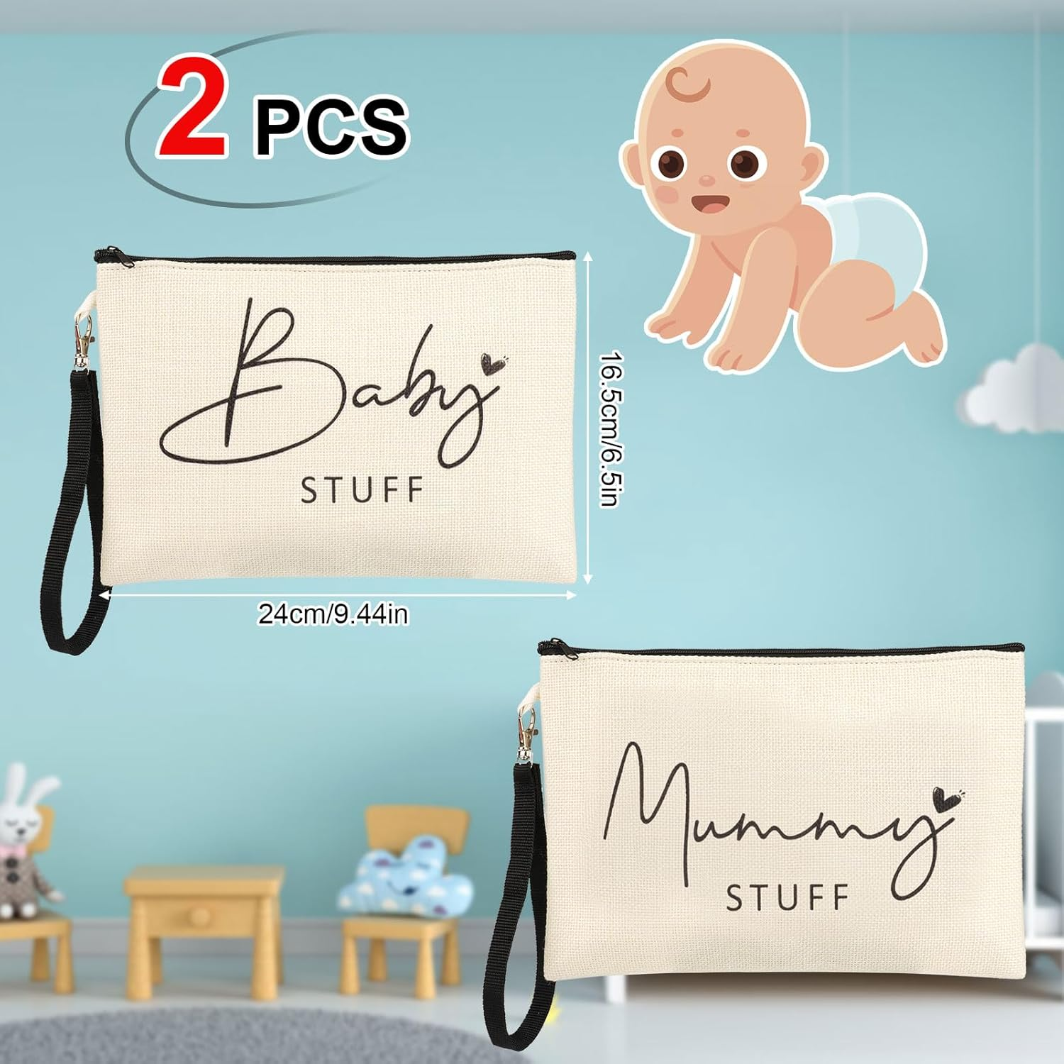 2 Pcs Mum to Be Gifts, New Mum Gifts, Baby Shower Gifts for Mum, White Cosmetic Bags Canvas Pouch Bags with Zipper for Pregnant Women New Mom Gifts image number 2