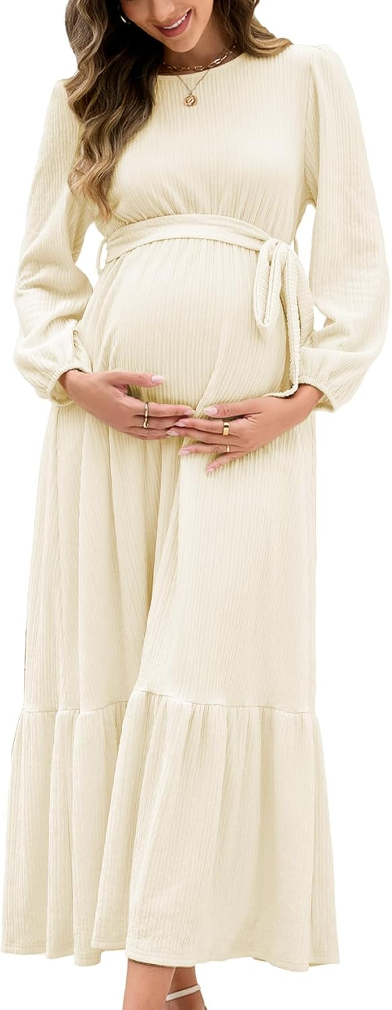 Women'S Maternity Maxi Dress with Belt Long Sleeve Crew Neck Pregnancy Dresses with Pockets Baby Shower Photoshoot