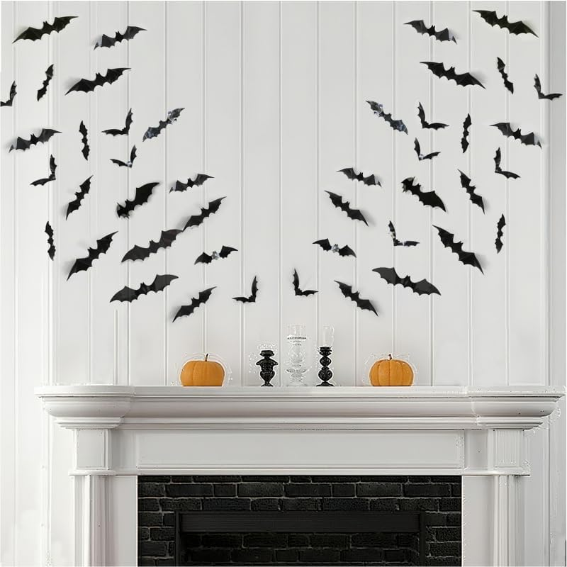 120Pcs Halloween Bats Decorations Outdoor Indoor, Halloween Party Supplies, 3D Bat Stickers for Wall Window Home Kitchen Scary Decor (4 Sizes, Black) image number 2