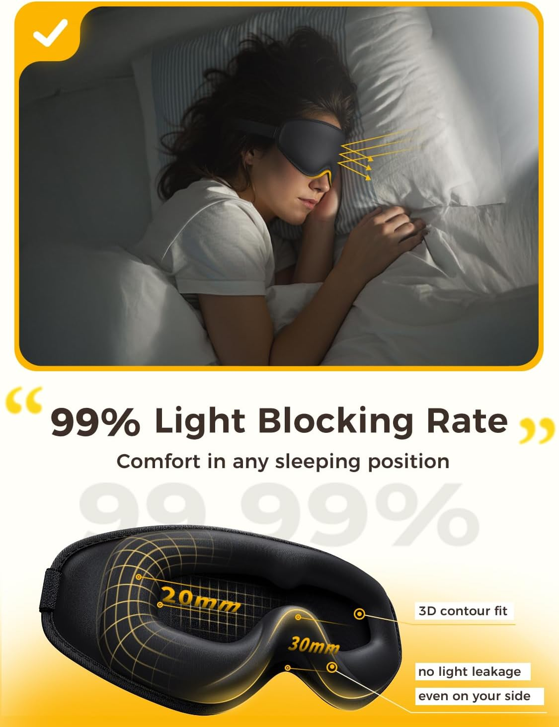 3D Sleep Mask [Side-Sleeper Friendly & 99.99% Blackout] Zero-Gravity Eye Masks for Sleep, Eye Mask Breathable, Sleeping Expert Certified, Washable & Light, for Women Men Travel/Airplane - Black image number 4