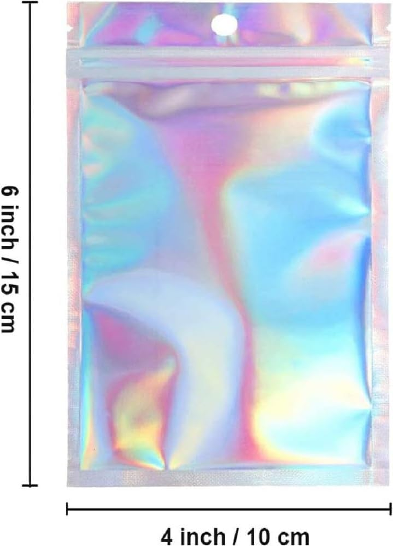 Holographic Foil Pouch Bags Flat Ziplock Bag Permotary Resealable Smell Proof Bags Colorful Aluminum Foil Bags Rainbow Mylar Bags for Food Storage Party Favor Trip (4"X 6", 50Pcs)