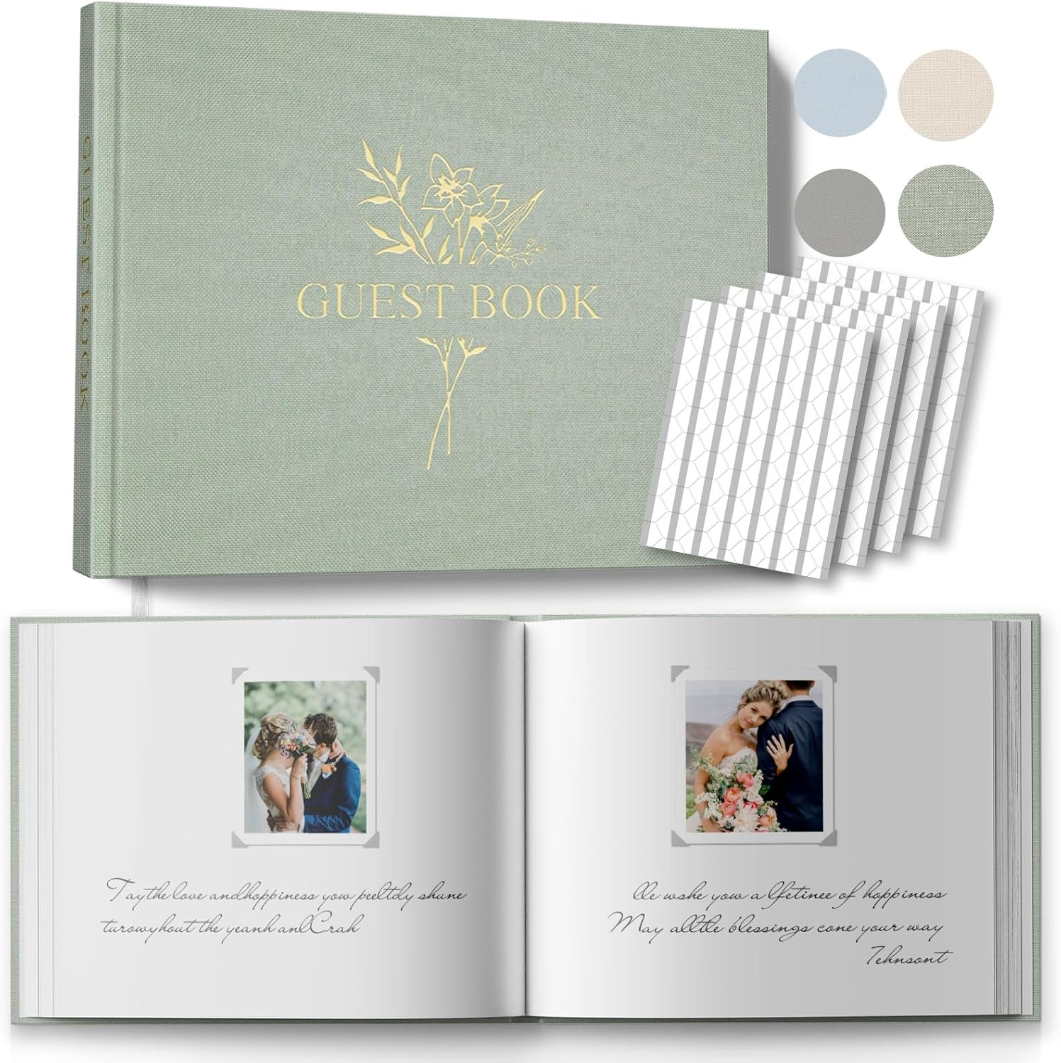 Wedding Guest Book for Memorial Service with 216 Photo Corners Stickers, Linen Guestbook to Sign at Bridal Shower or Wedding Reception Party,100 Pages, Blank Thick Paper Books for Baby Shower- Sage image number 2