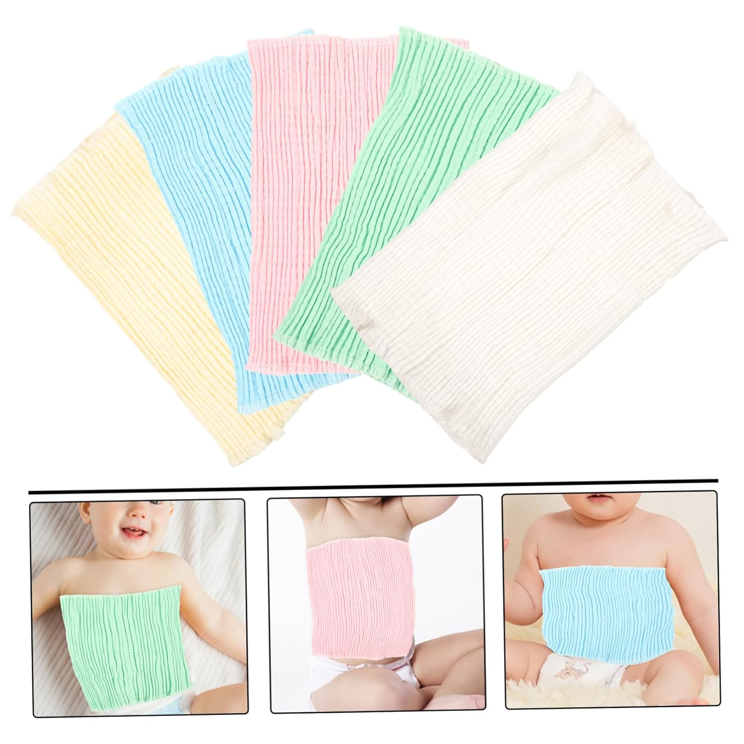 Bestonzon 5Pcs Cotton Belly Bands for Boy Girl Newborn Navel Cord Support Warm Protective Straps Includes Pink White Green Yellow Blue image number 2