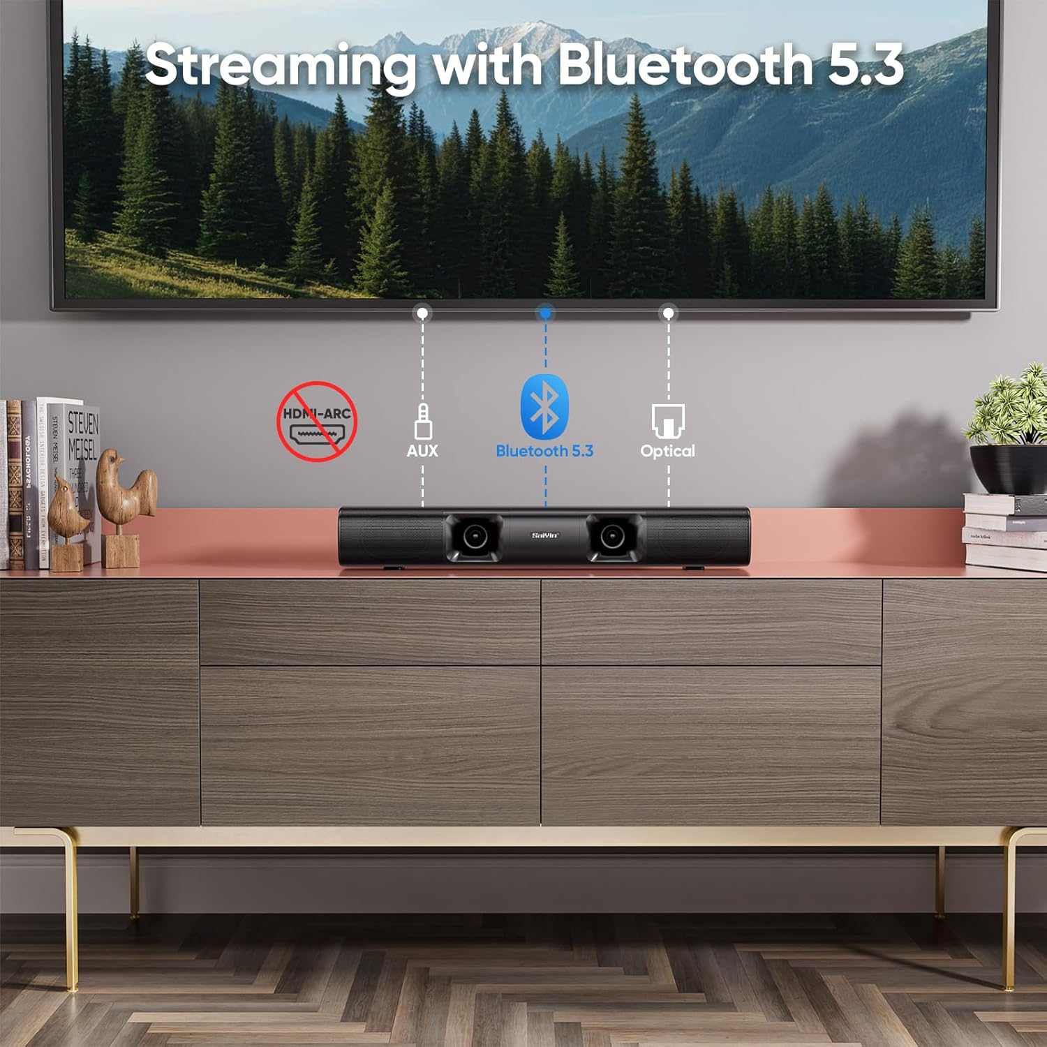 Saiyin Soundbar, 90W Compact Sound Bar with Subwoofer, 2.1Channel Home Theater Surround Sound System with Crisp Vocals and Deep Bass for TV, PC, Projector image number 4