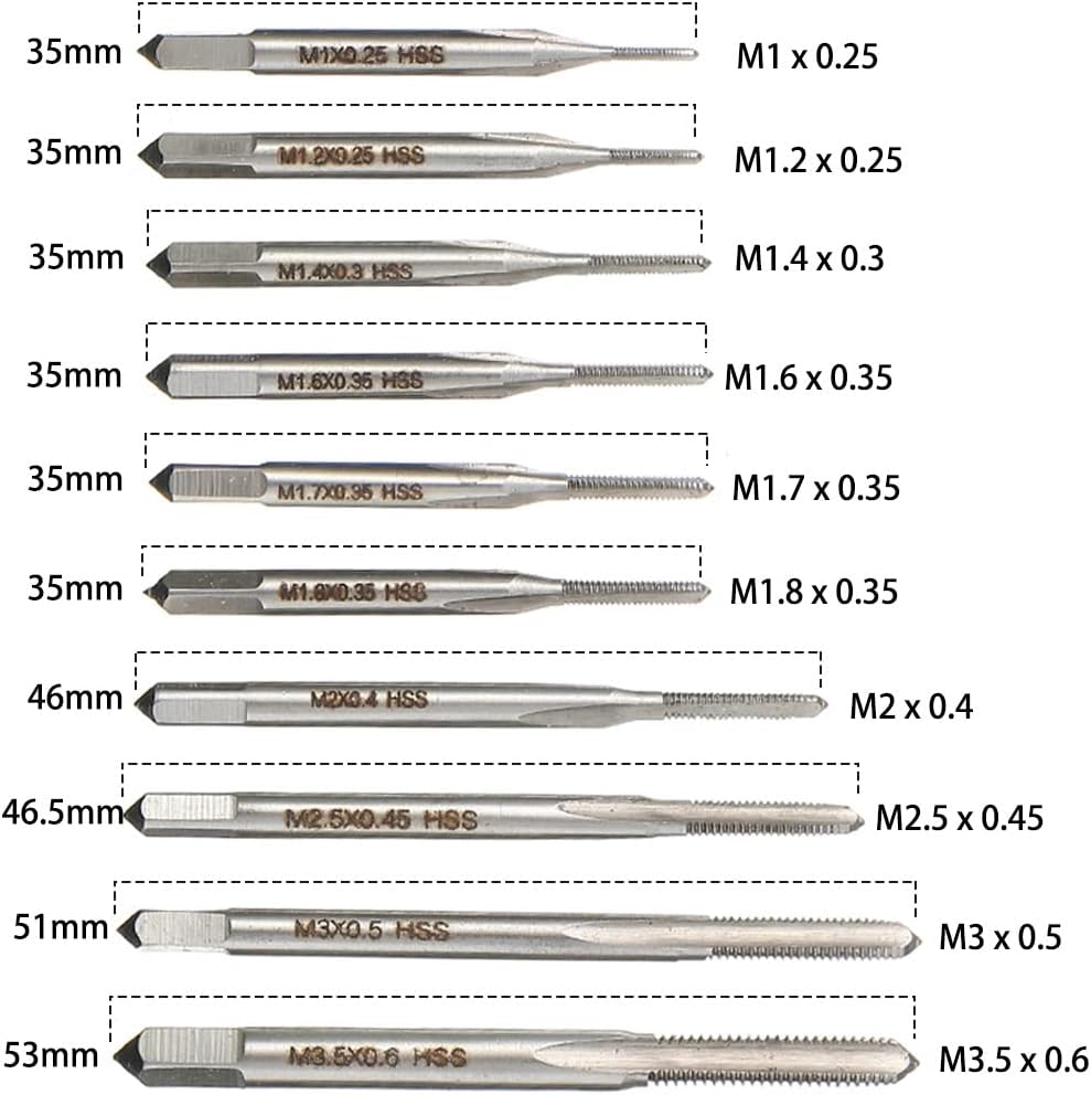 Saipe 10Pcs Micro Taps Bit Small Hand Screw Thread Taps M1-M3.5 HSS Mini Metric Plug Tap Screw Tap Drill Tap Drill Set Tapping Tool with Adjustable Tap Wrench 1/16-1/4'' image number 6