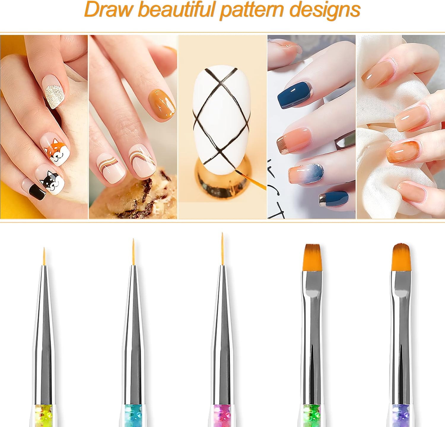 8PCS Function Nail Brush, Nail Liner Brush, Double Ended Nail Art Pen Brushes with Glitter Handle, for DIY Nail Art Designs Dot Pen Tools for Women Girls image number 1