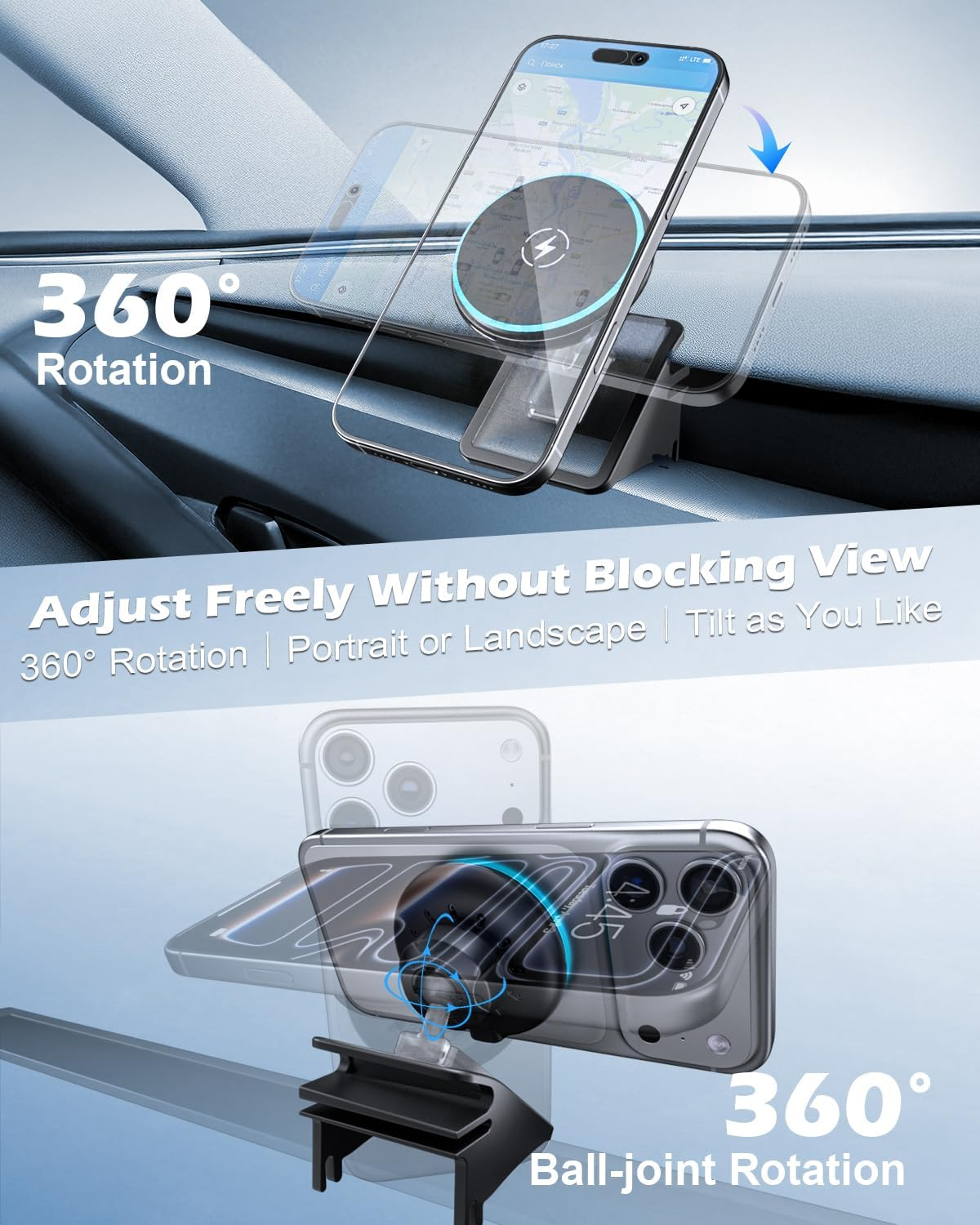 Cloudvalley Magnetic Qi2 15W Wireless Charger Phone Mount for Tesla Model 3 Highland Model Y Juniper, Strong Grip, 360&deg; Adjustable, Dashboard Car Charger Holder 2025, Design for Iphone Magsafe 17-12