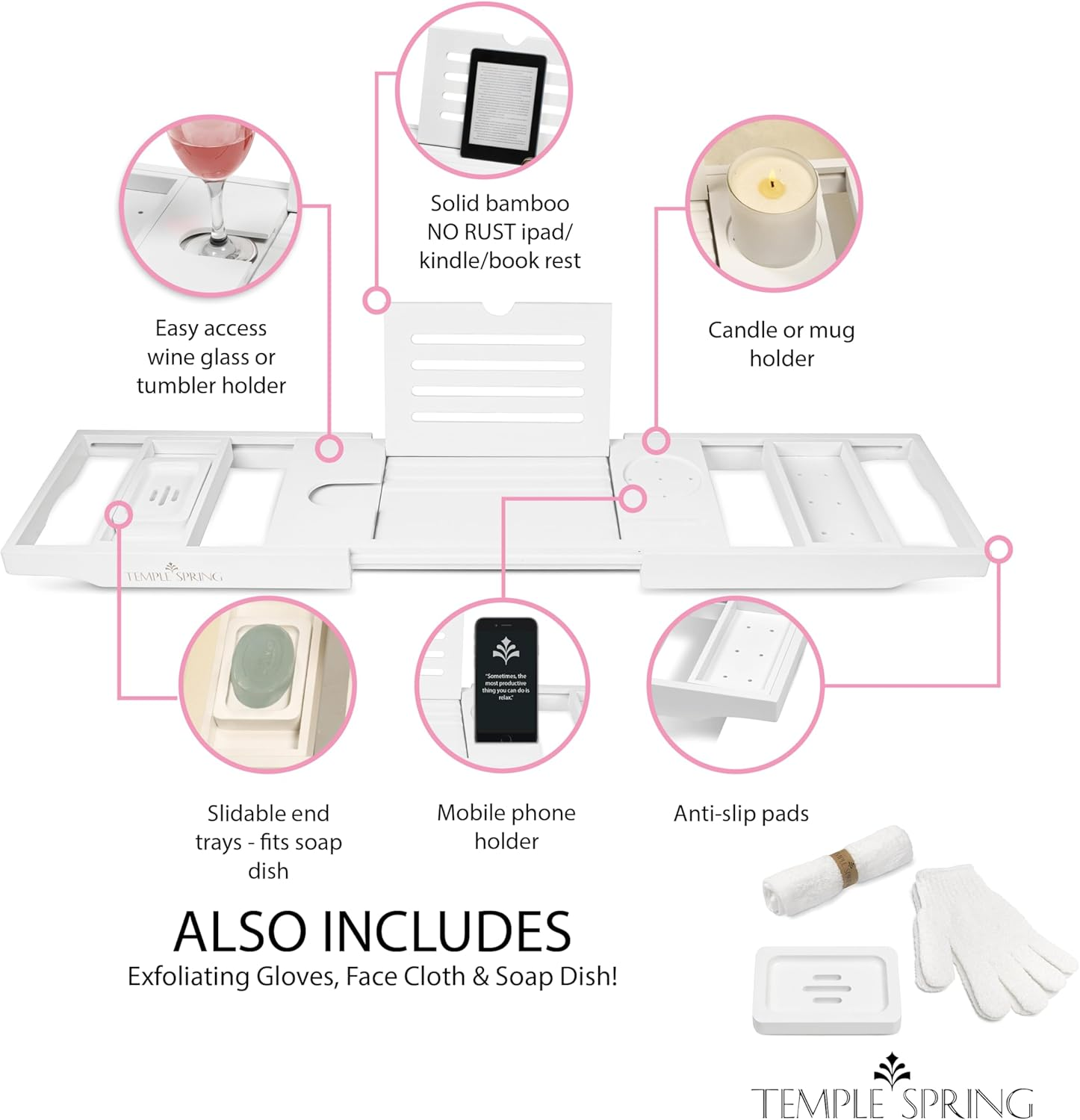 Temple Spring Wooden Bath Tray, Bath Shelf Bathroom Accessory, Home Spa Boards for Adults, Bathtub Caddy, Bamboo Bathroom Accessories Set, Extendable Bathtub Rack with Ipad & Phone Holder - White