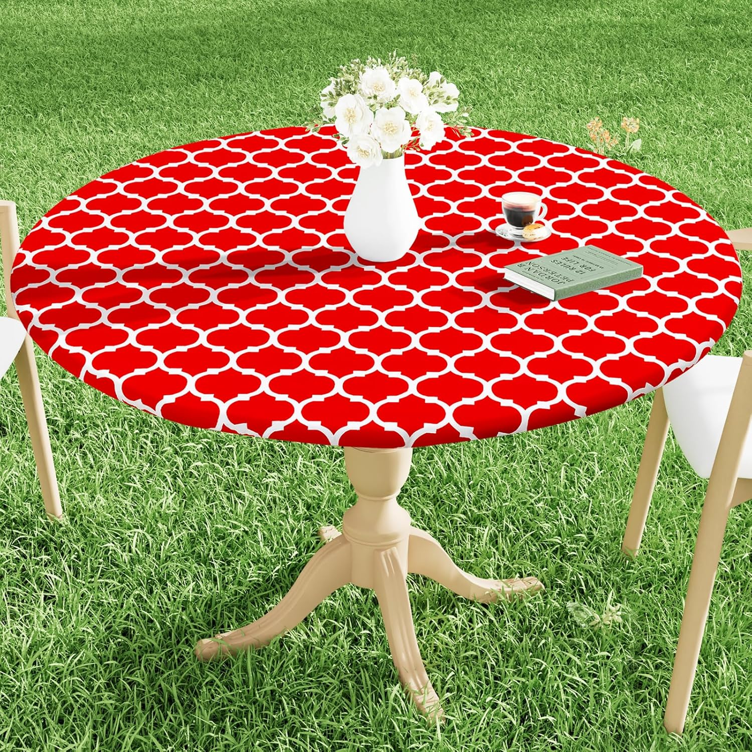 Smiry round Table Cloth Cover - Elastic Edged Flannel Backed Vinyl Tablecloth, Waterproof Wipeable Gray Moroccan Trellis Pattern Table Cover for Outdoor Indoor Room