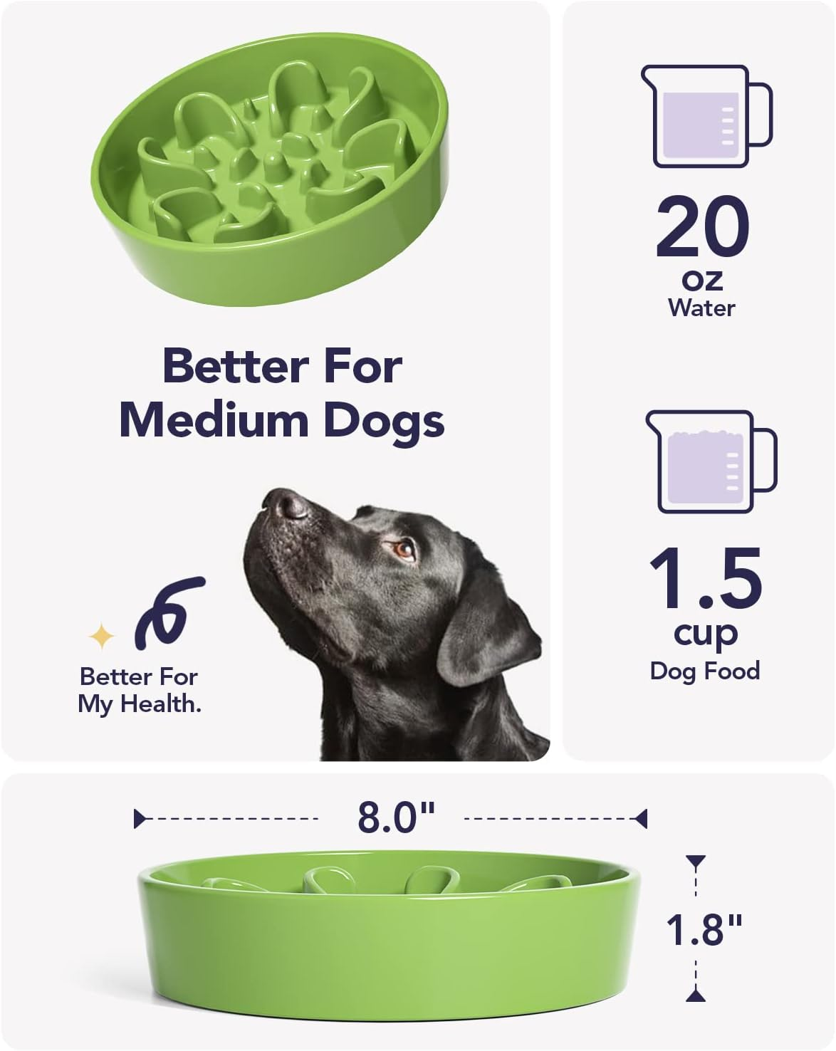 LE TAUCI Slow Feeder Dog Bowls Ceramic, 1.5 Cups Dog Food Bowl, Puppy Slow Feeder Dish for Fast Eaters, Clover Green image number 5