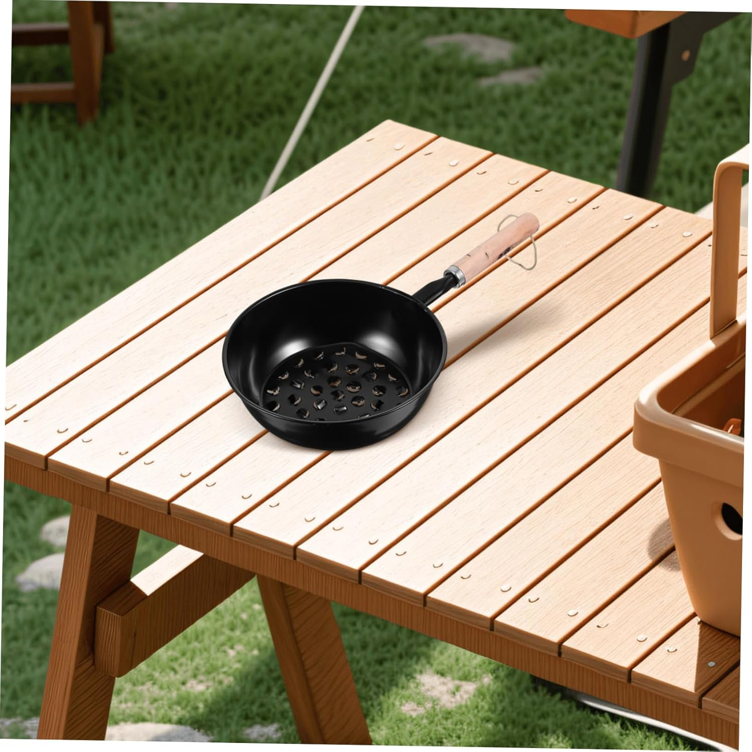 Camping Chimney Starter Pot with Long Wooden Handle Portable Charcoal Brazier for Outdoor Camping BBQ Grilling Easy Clean Chestnut Roasting Pan and Barbecue Tool image number 5