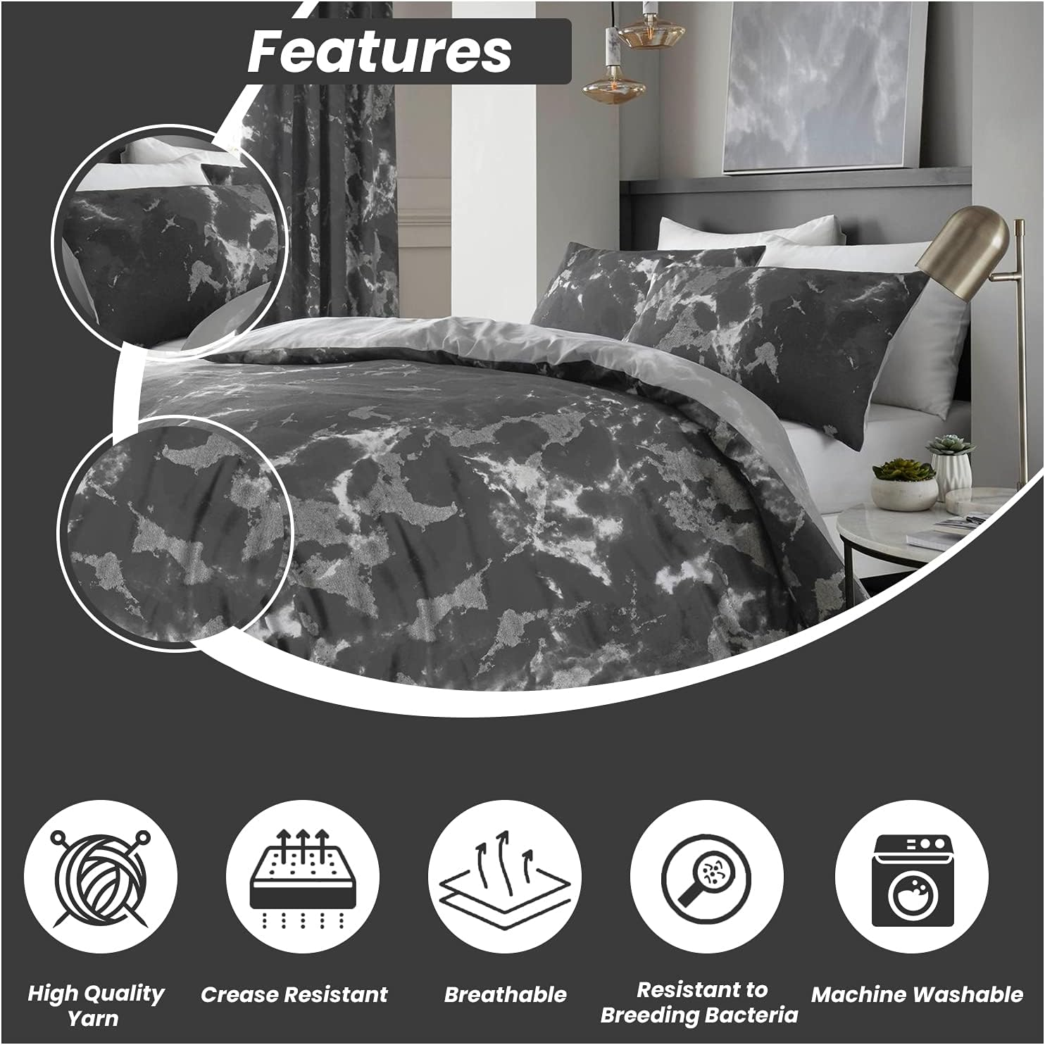 GAVENO CAVAILIA Luxury Marble Duvet Cover, Reversible Soft & Cosy Quilt Bedding Set, Bedroom Accessory, Black, Super-King, Polycotton image number 2