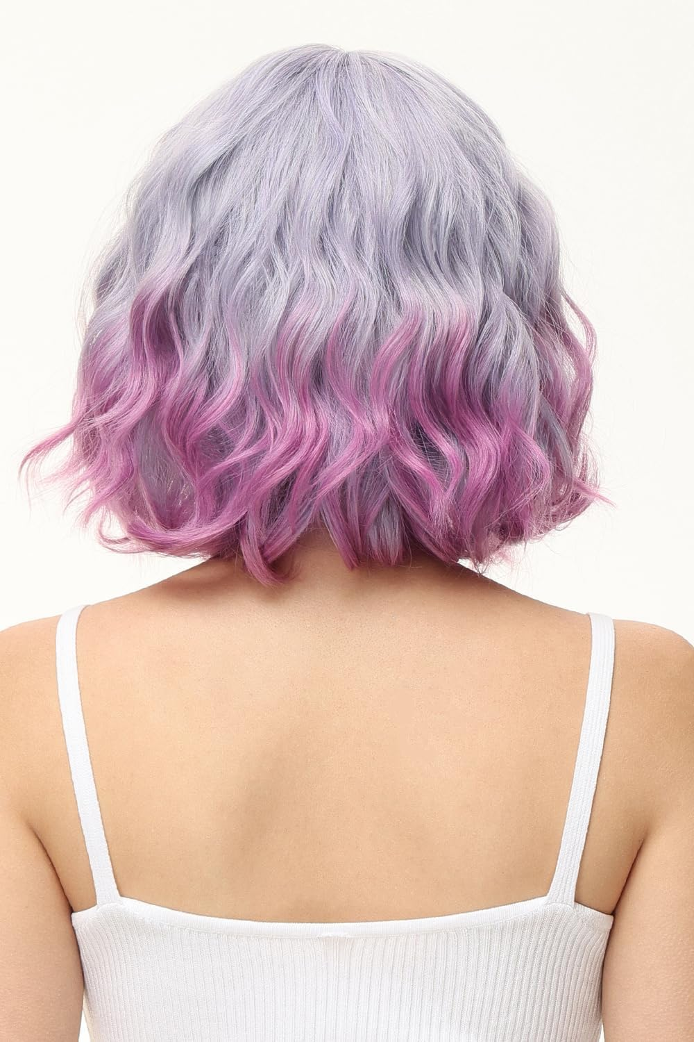 PORSMEER 10&ldquo; Short Wavy Bob Light Purple to Rose Wigs with Fringe for Women Wave Bob Curly Wig Synthetic Natural Looking Heat Resistant Fiber Wig (Purple/Pnk) - Dark Brown image number 2