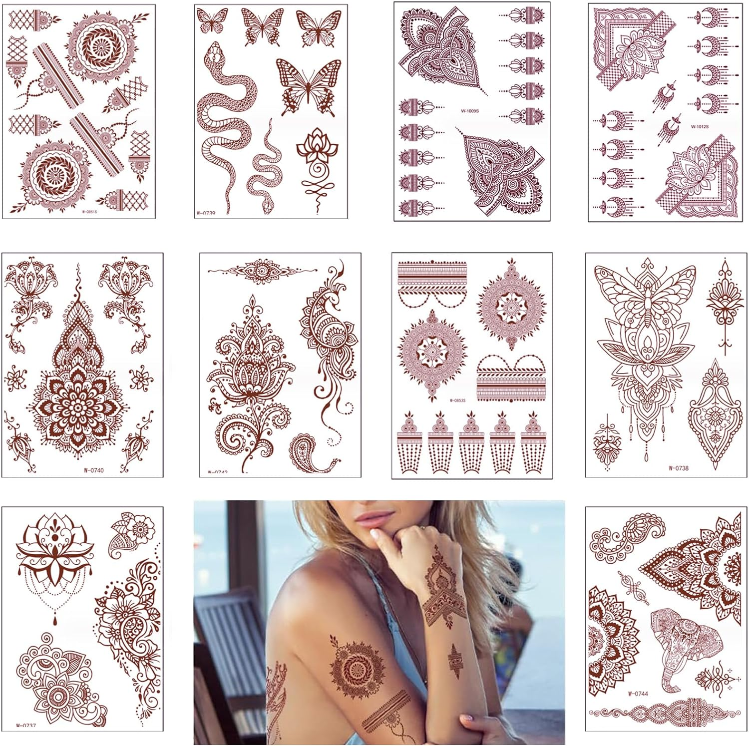 Ling-Luo 10 Sheets Henna Tattoos Temporary Henna Stickers, Brown Women Body Art Stickers, Fake Face Neck Arm ｜ Women Men Children Temporary Flower Star Tattoo Kits image number 1