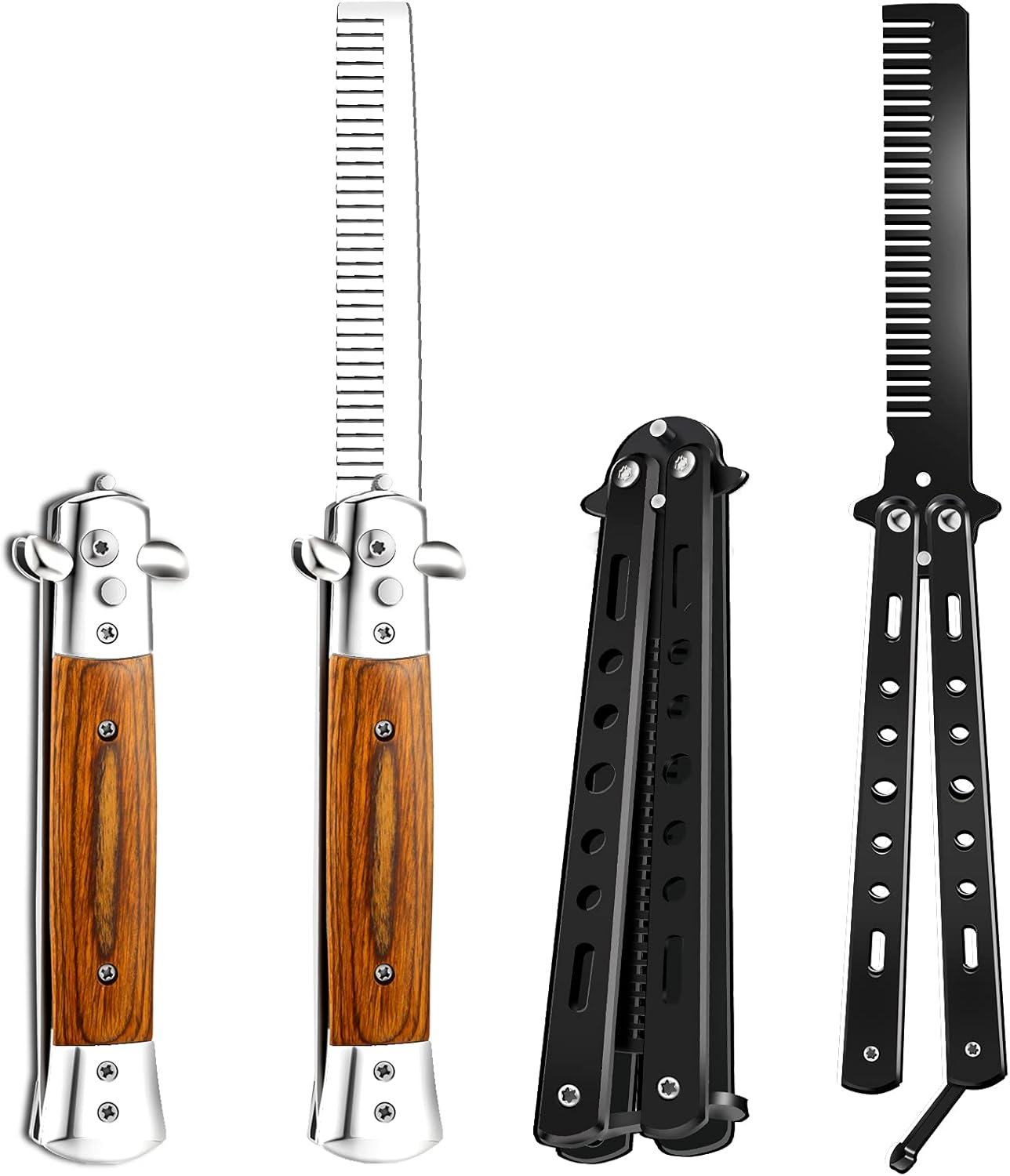 Chengu 2 Pieces Wood Grain Switchblade Blade Pocket Hair Brush Comb Automatic Push Button Brush and Folding Butterfly Stainless Steel Training Practice Comb Outdoor(Black)