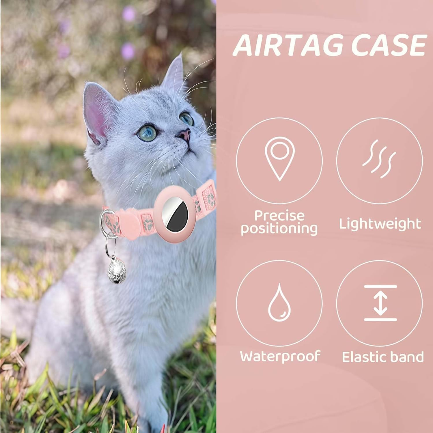 Kexkceql 2-Pack Adjustable Cat Collar for Apple Airtag，2 Styles (Footprint & Reflective)，Pet Anti-Lost GPS Collars with Safety Buckle，Pink, M (7.5-12.6 Inches) image number 1