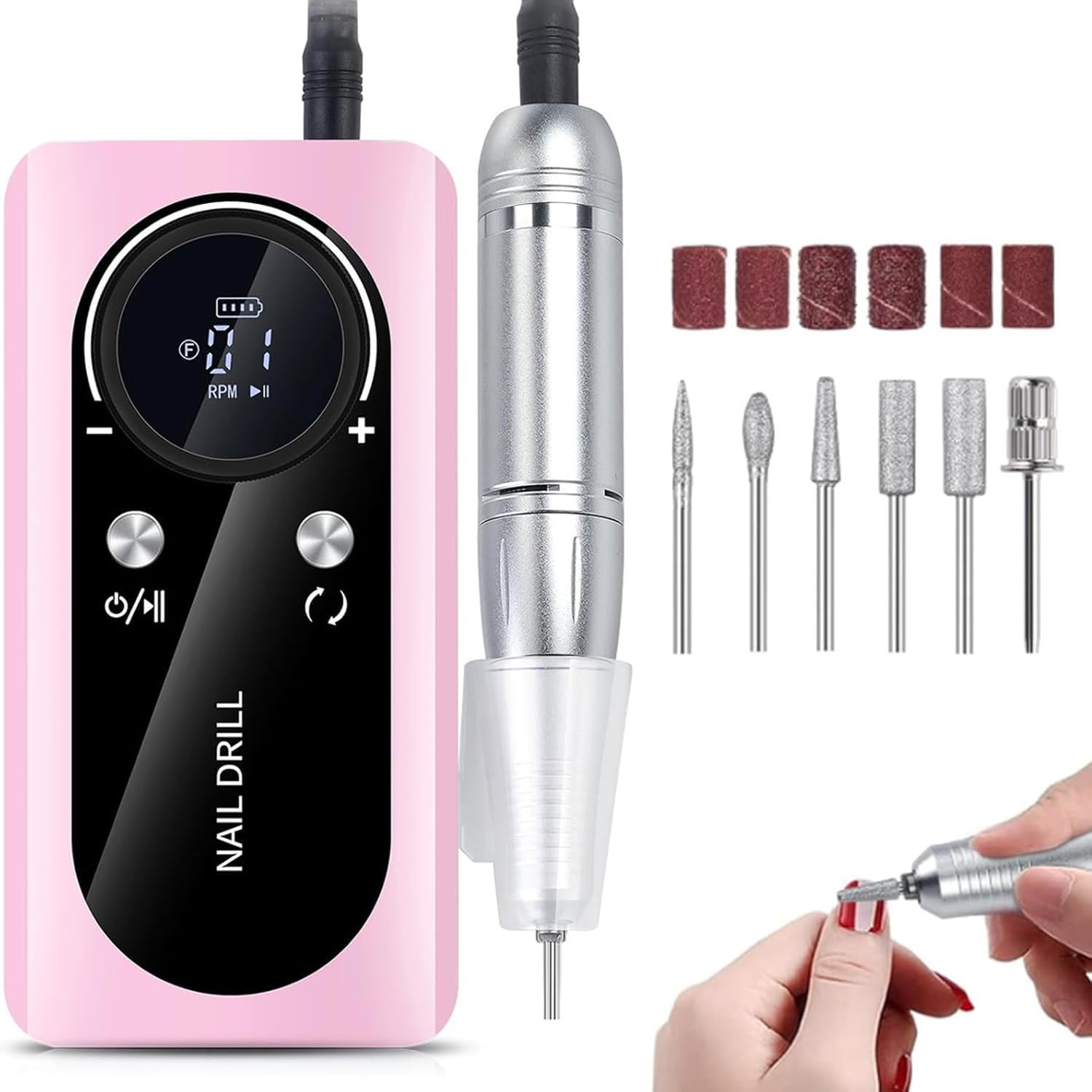 UPAUS Cordless Nail Drill Professional, 45000 RPM Rechargeable Electric Nail File Kit with Smart LCD Screen, Portable Low Noise for Acrylic, Gel Nails, Manicure, Pedicure, for Salon, Home Use (White)