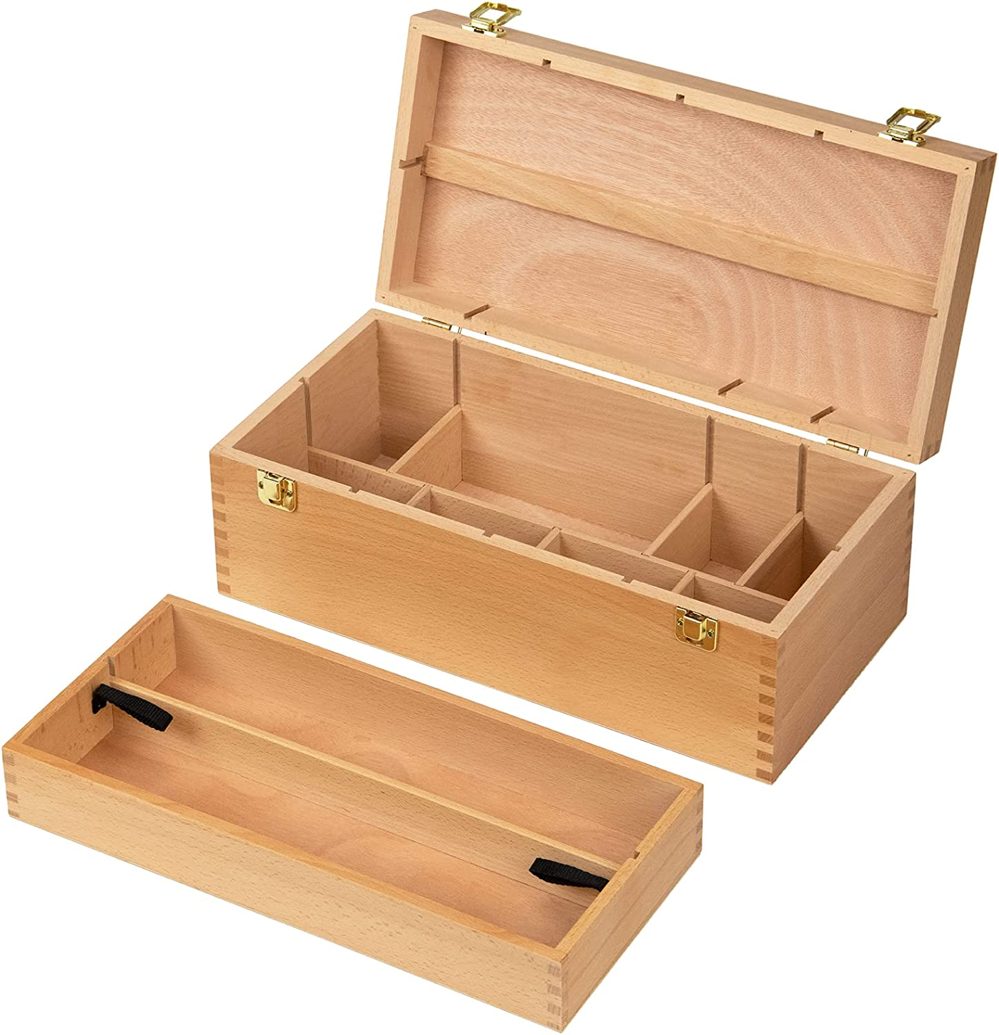 MEEDEN Medium Art Supply Storage Box - Multi-Function Solid Beech Wooden Chest/Art Tool Box with Lift Out Trays for Paint Brush, Pencil, Pastel, and More Art Supplies 14-1/5"W &times; 5-1/8"D &times; 4-1/3"H image number 2
