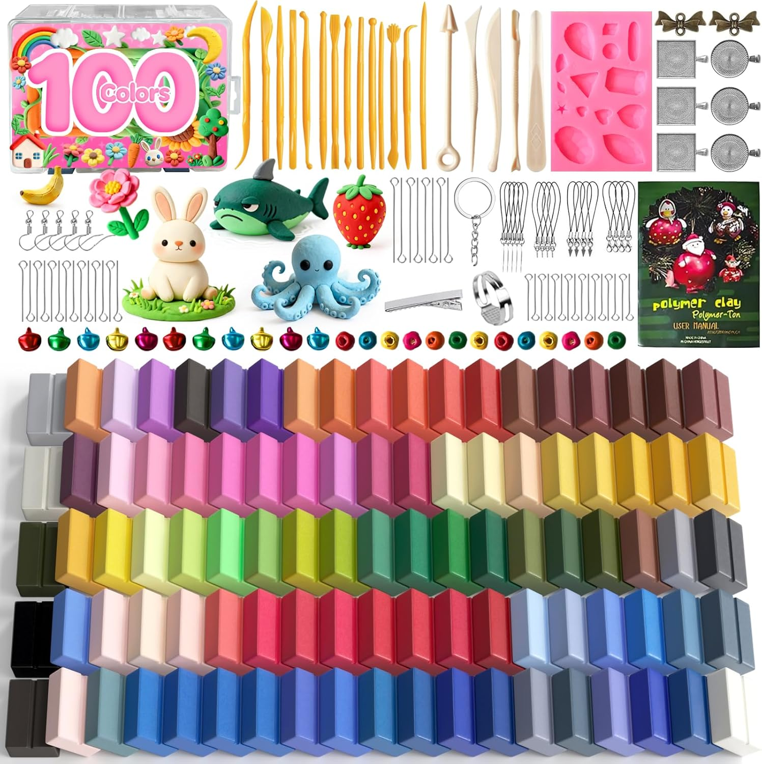 Polymer Clay Tool Kit - 100 Colours Modeling Clay for Kids, Adults, Beginners, DIY Arts and Crafts Baking Clay with 19 Carving Tools & 10 Accessories, Non-Toxic, Non-Sticky for Artist Gifts