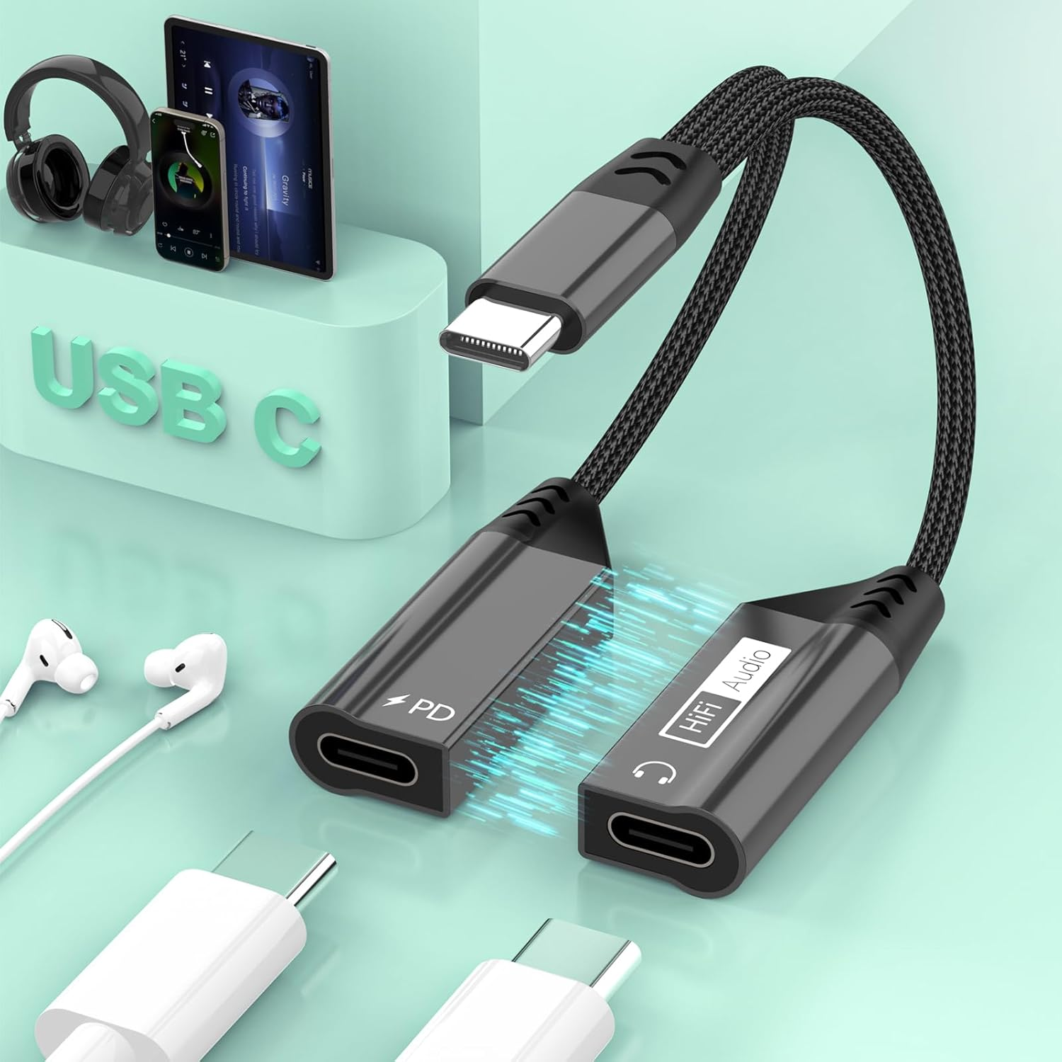 Magnetic USB C to Dual USB C Headphone Jack and Charger Adapter, 2-In-1 USBC Splitter with PD 60W Fast Charging, Type C Aux Audio Jack Adapter Compatible with Iphone 16 15 Pro Max/Ipad/Samsung image number 4