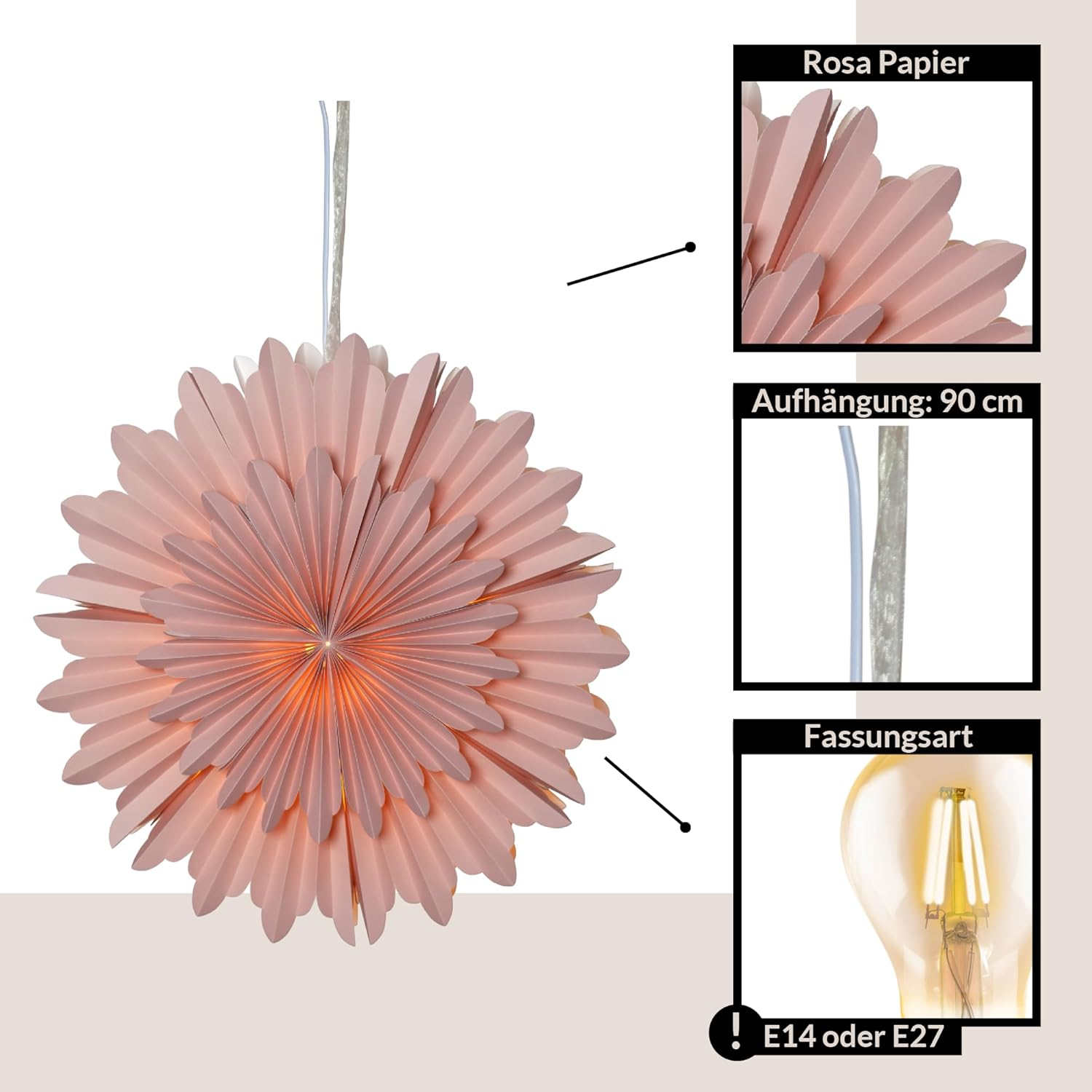 EGLO Christmas Star for Indoor Use, Decorative Star Made of Paper for Hanging, Window Decoration in Pink, 3D Advent Star, Wall Decoration for Living Room, Diameter 50 Cm