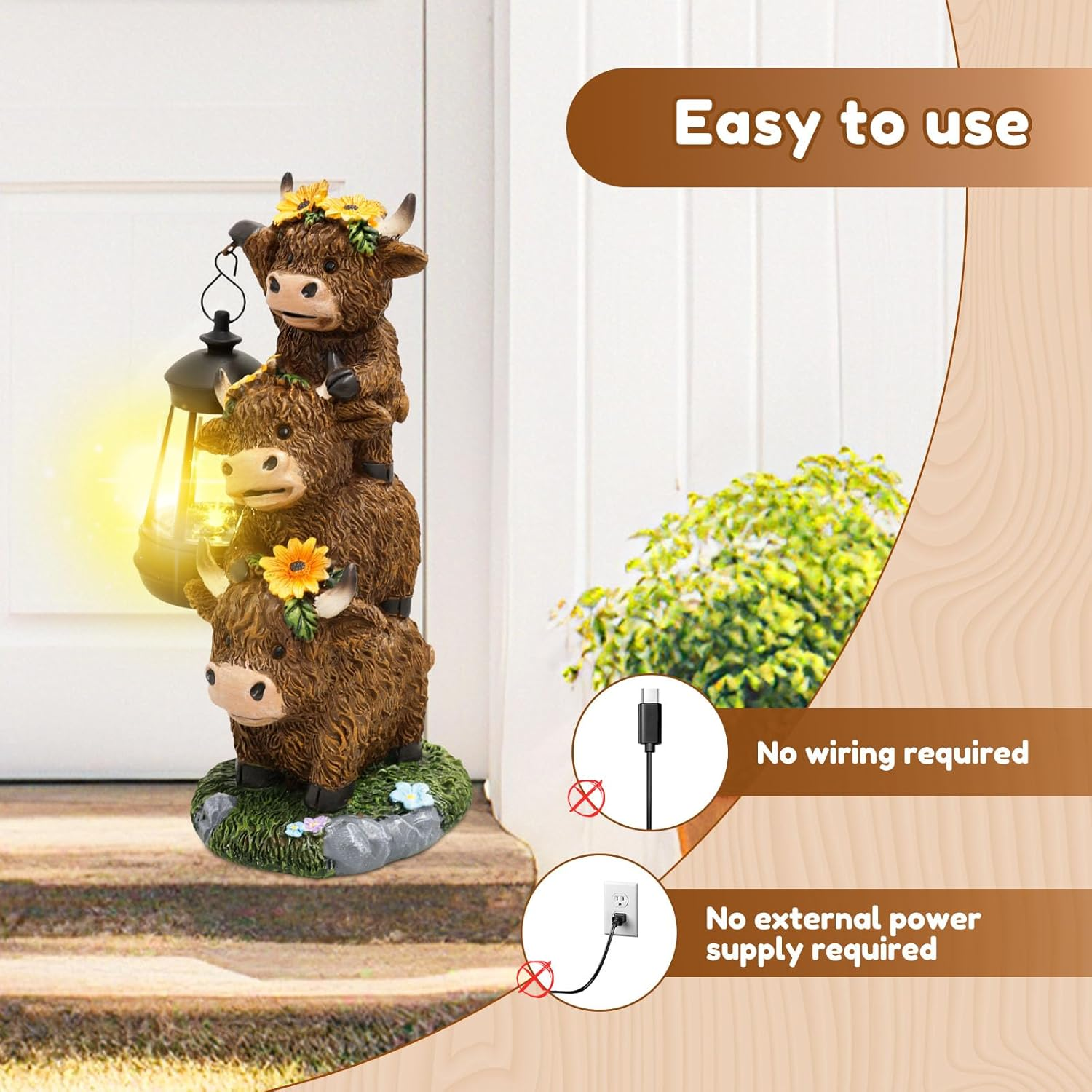 Garden Highland Cow Statue, Funny Highland Cow Decor with Solar Lantern, Synthetic Resin Cows Garden Statue, Lawn Ornament for Yard Patio Pathway (Color B)