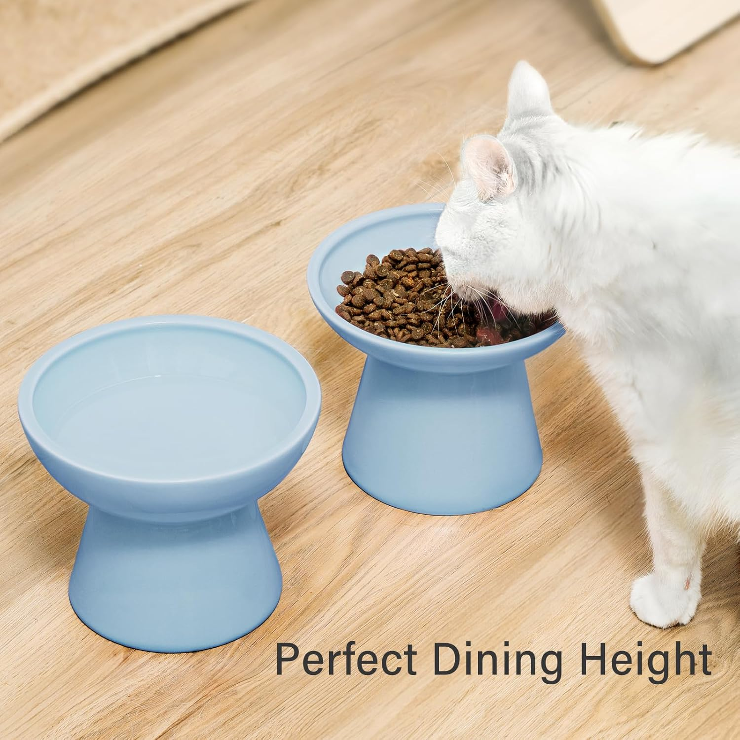 CEEFU Extra Wide Elevated Ceramic Cat Water Bowl - 6.2" Deeper Dish for Whisker Fatigue Relief, 5" Height for Easy Feeding, Lead & Cadmium Free, Durable Raised Cat Bowls, Blue image number 4