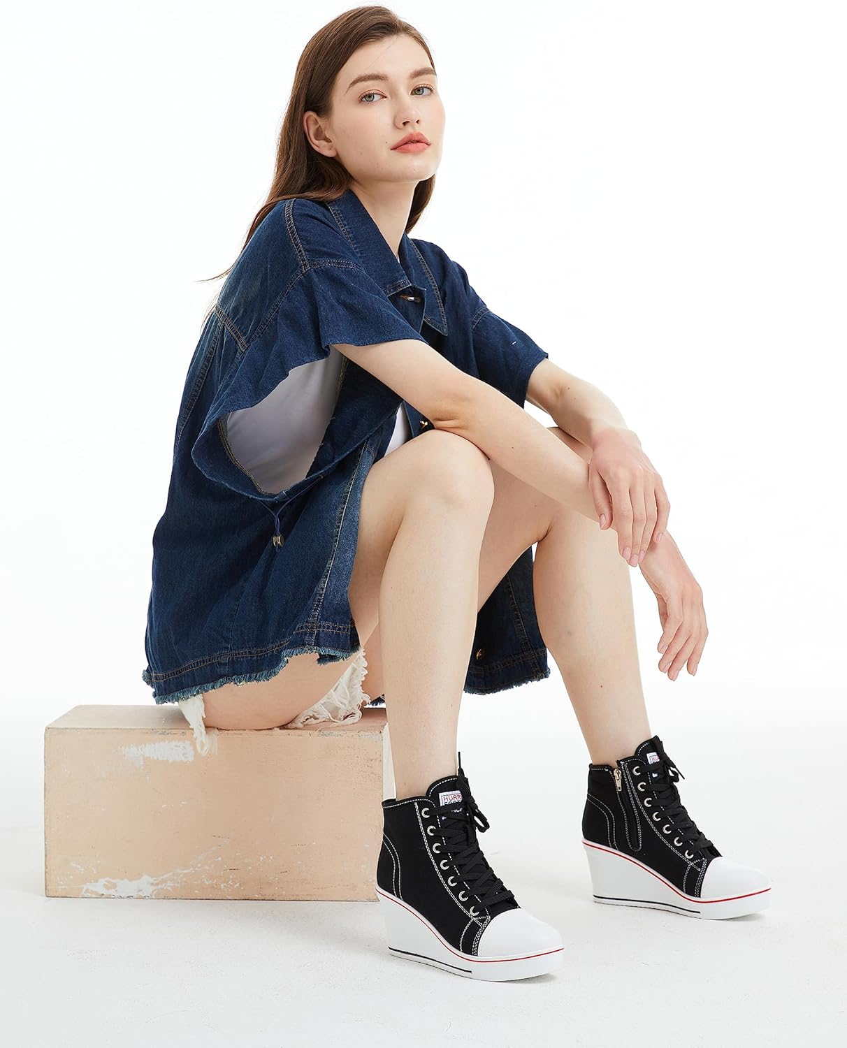 Hurriman Women'S Wedge Sneakers High Heel Canvas Shoes Lace up High Top Side Zipper Fashion Sneakers image number 2
