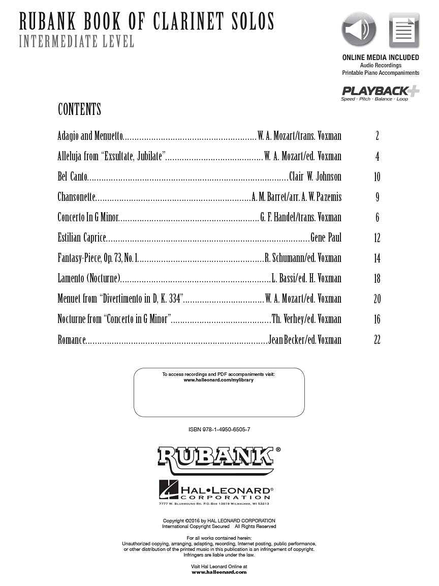 Rubank Book of Clarinet Solos Intermediate Level Clarinet Sheet Music Book with Online Audio 11 Classical and Festival Pieces by Mozart Handel Schumann and More Hal Leonard Collection image number 1