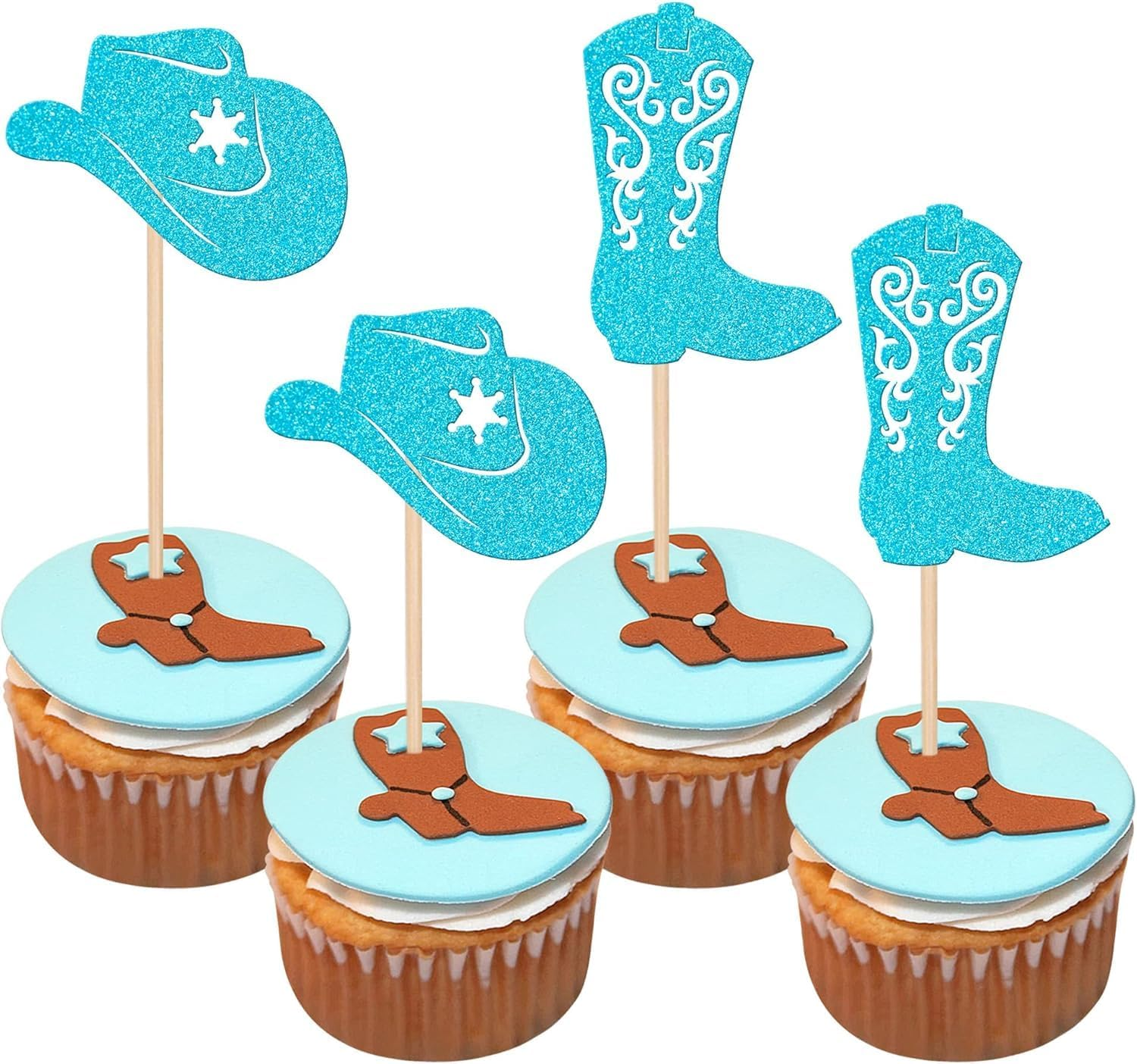 SYKYCTCY 24 Pack Cowboy Cupcake Toppers Glitter Hat Boot Cupcake Picks Western Cowboy Birthday Cake Decorations for Western Theme Baby Shower Birthday Party Supplies (Pink)