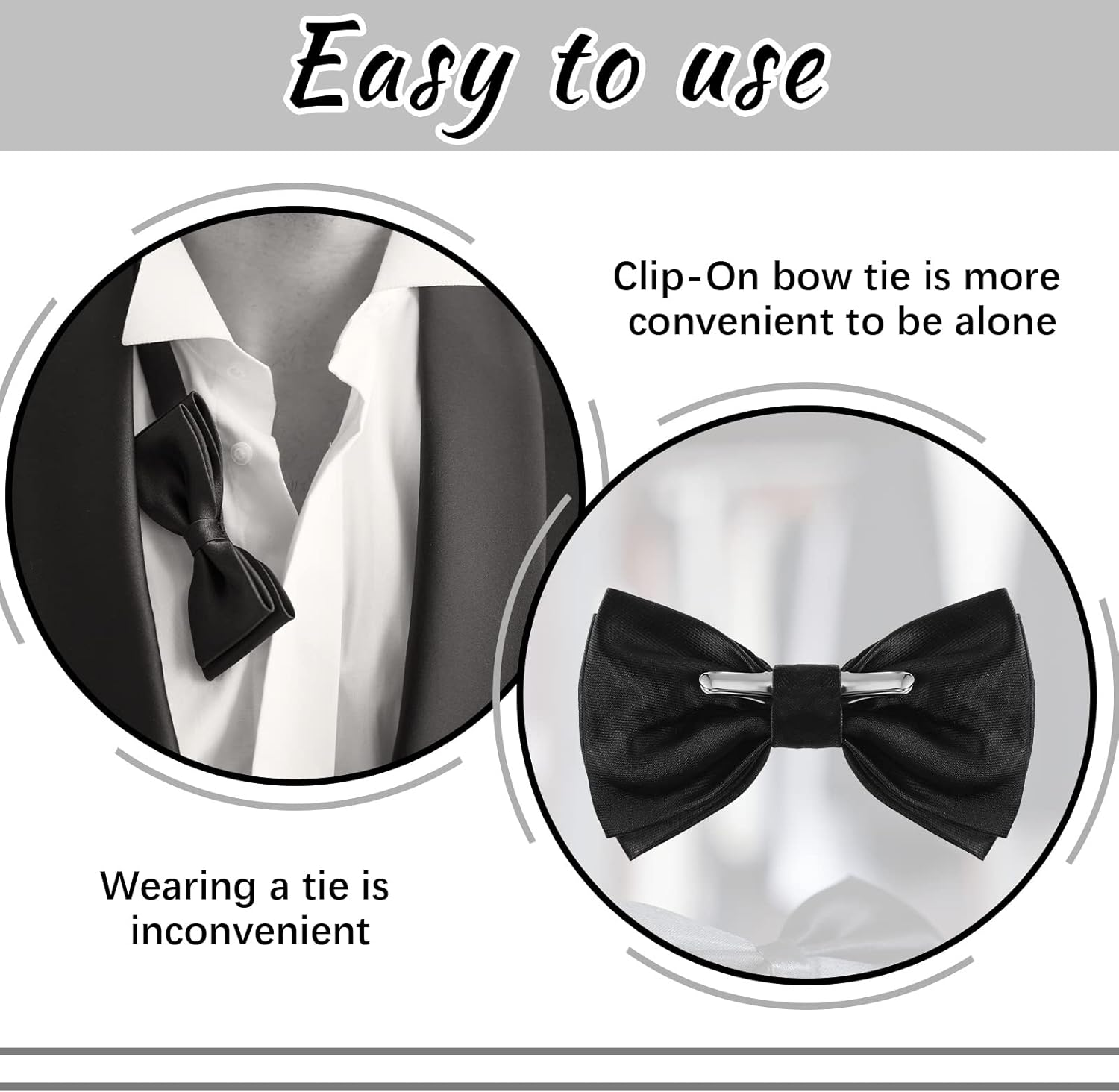 Geyoga 2 Packs Clip on Bow Ties for Men Solid Bow Tie for Costume Wedding Party(Black), Black image number 2