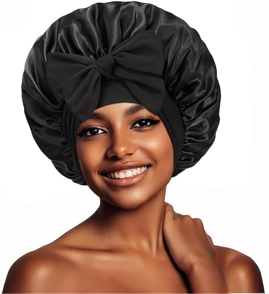 Satin Bonnet,Single Layer Satin Lined Sleeping Cap,Adjustable Large Satins Cap with Tie Band Hair Bonnets Curly Braids Hair for Women(Black) image number 1