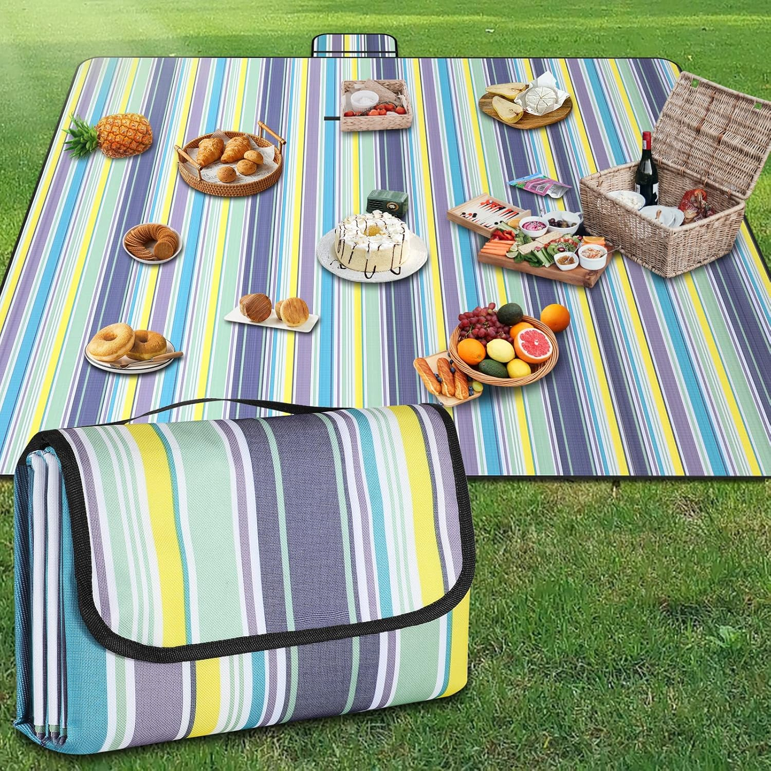 Picnic Blanket Waterproof Beach Rug Picnic Mat Washable Lightweight with Handle Yellow Checkered for Hiking Travelling Outdoor Camping,Parks,200Cm * 200Cm