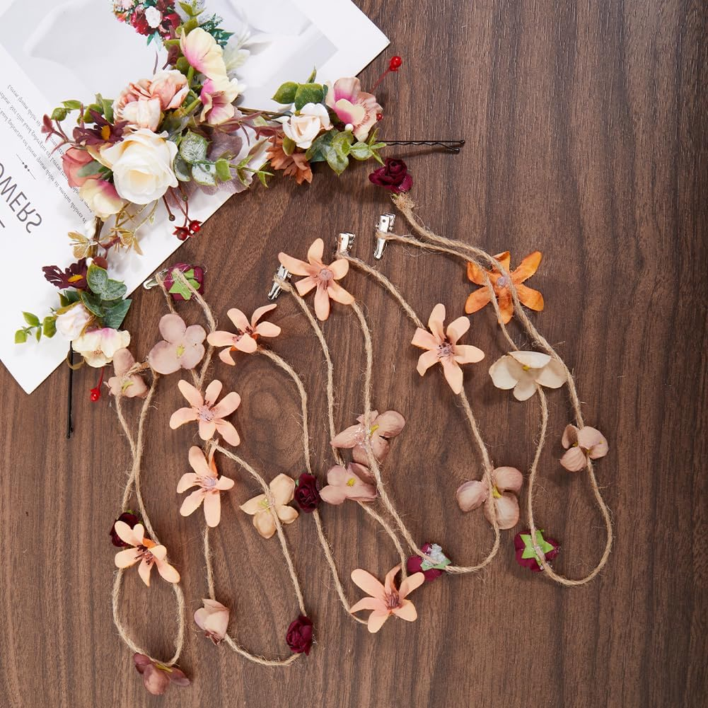 CABODYALS Flower Hairband Bride Imitation Flowers Headband Bohemian Style Mixed Color Headdress Floral Crown Vine Rustic Style Wreath Tassel Headbands for Women Wedding Party Photos Costume Head Decor image number 3