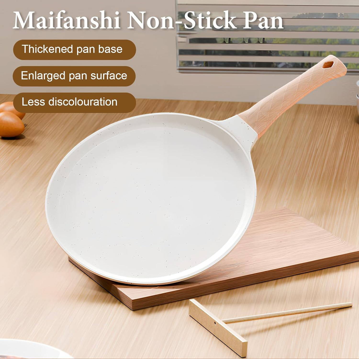 Crepe Pan 24Cm, Non-Stick Frying Pan, Pancake Pan, with Removable Handle, Non-Stick Medical Stone Coating, for All Hobs and Induction Cookers, PFOA Free (White) image number 3