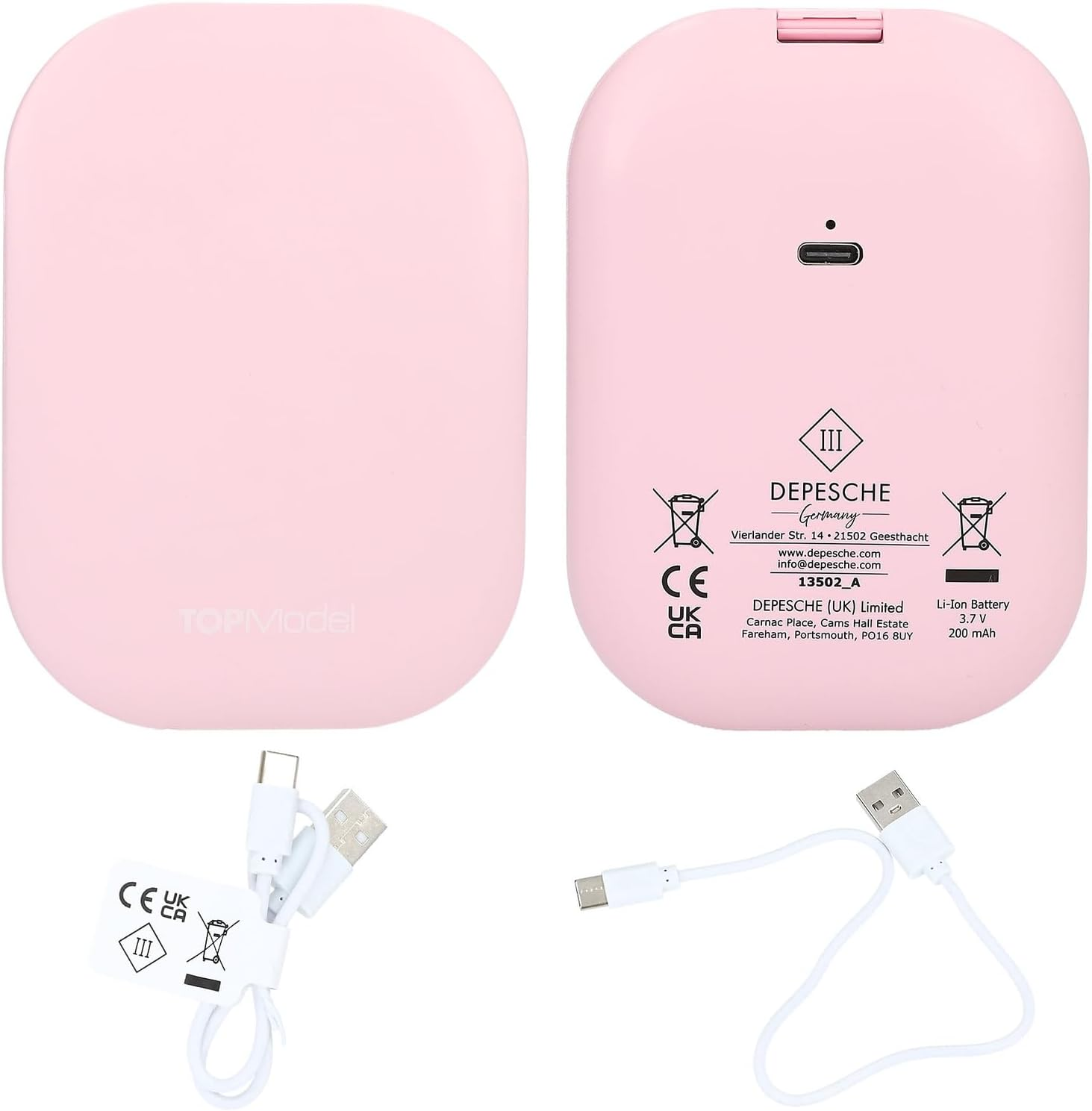 Depesche Topmodel 13502 LED Pocket Mirror Beauty and ME Folding Mirror in Pink with Magnifying Mirror and 3 Light Levels Including Charging Cable