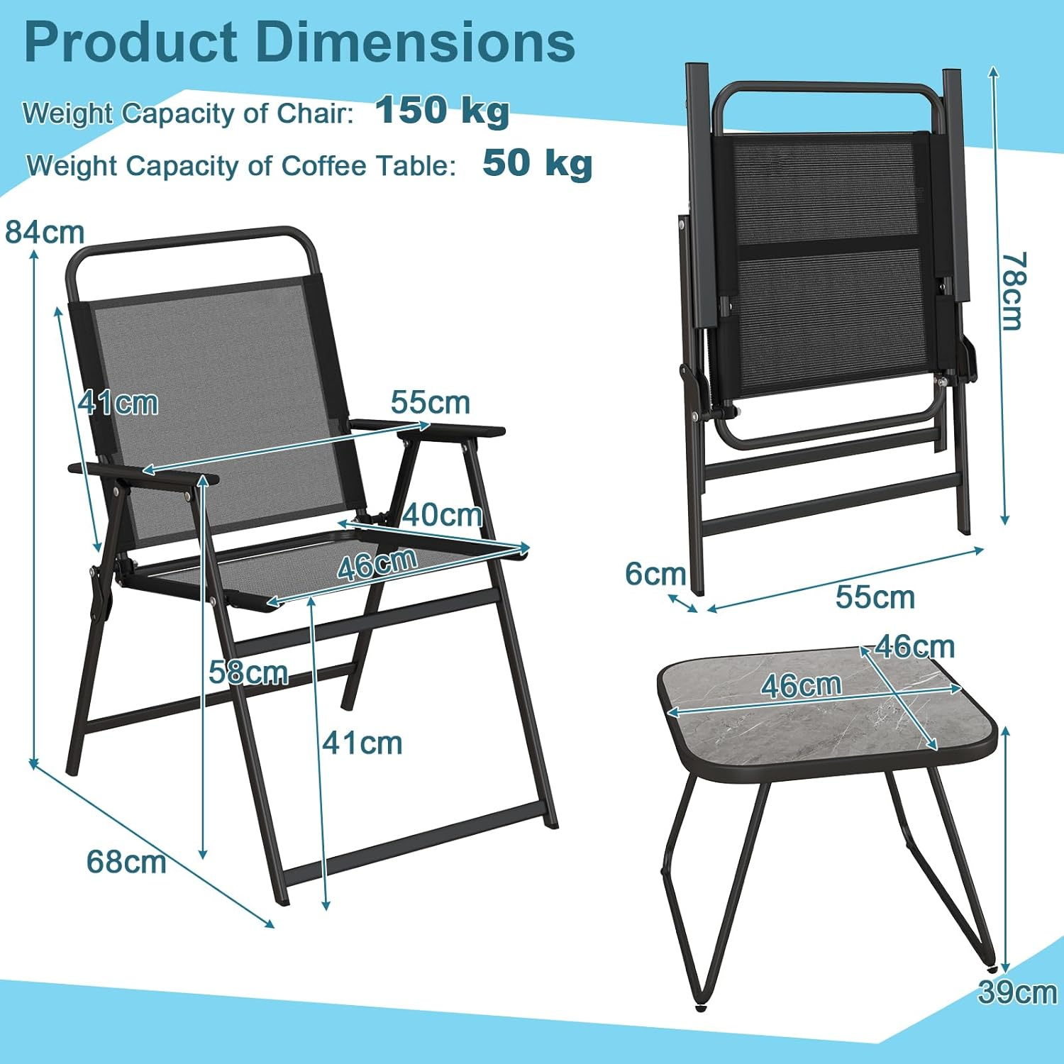 Costway 3 Piece Patio Folding Conversation Set, 2 Folding Chairs W/Coffee Table, Breathable Fabric & Heavy-Duty Metal Frame, Outdoor Portable Folding Chair Set for Backyard, Poolside, Balcony image number 4