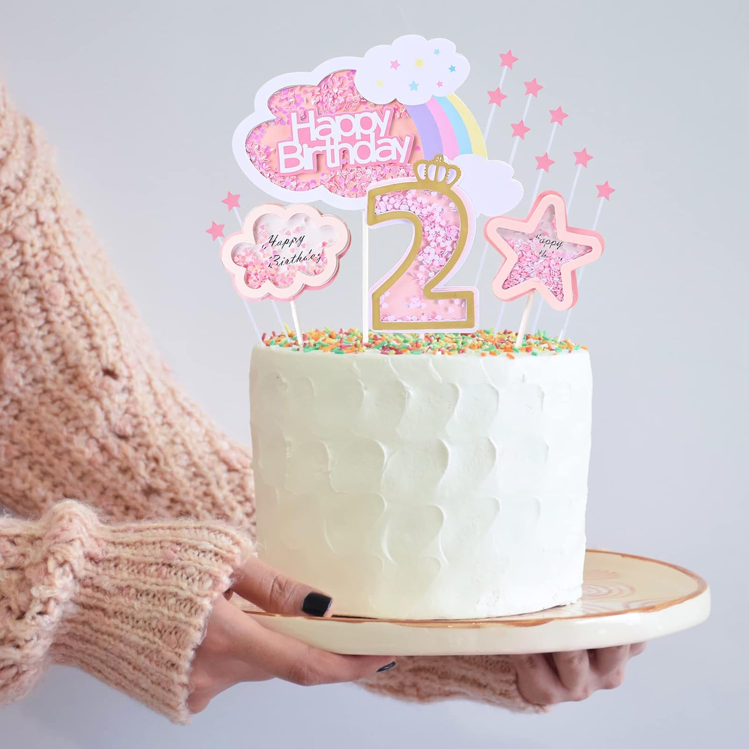 Kawailay Baby Girl 2Nd Birthday Cake Decoration Set Second Birthday Cake Topper with Rainbow Clouds Stars Cake Picks Two Year Old Cake Topper for Girls Birthday Party Supplies - Pink image number 4