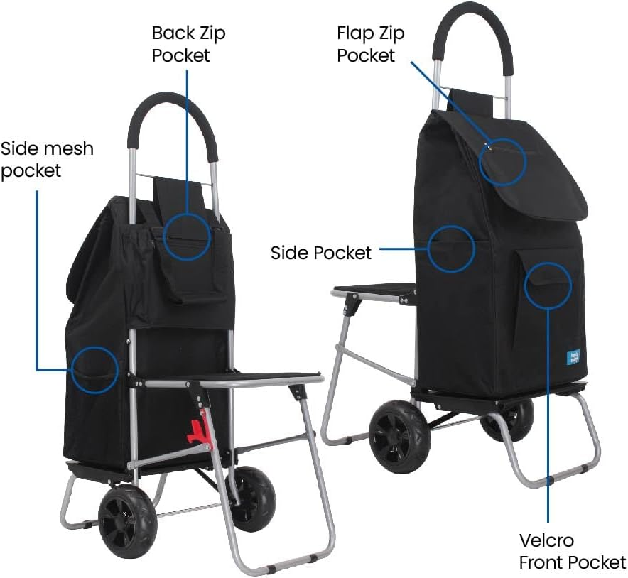White Magic Handy Trolley with Seat - 3 in 1 Multi-Purpose Shopping Cart, Lightweight Stainless Steel, Comfortable Seat Supports up to 100Kgs, Jumbo Carry Bag with 7 Pockets image number 5