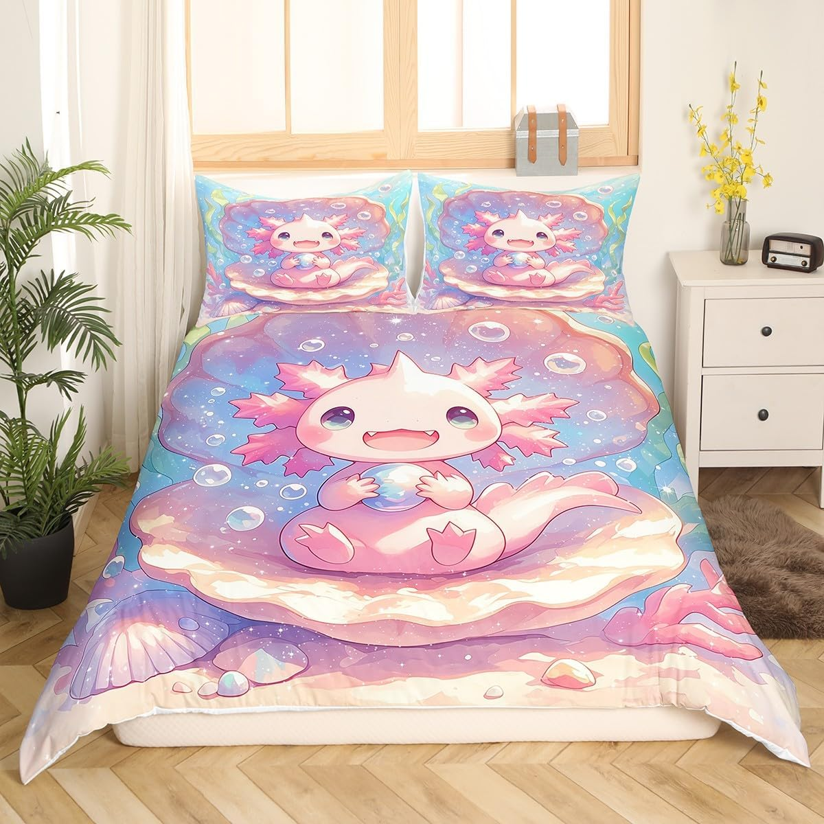 Loussiesd Cute Axolotl Bedding Set for Girls Boys Kids Single Size Cartoon Salamander Comforter Cover Set Kawaii Ocean Sealife Duvet Cover Ocean Bedspread Cover 2Pcs Pink Quilt Cover image number 6