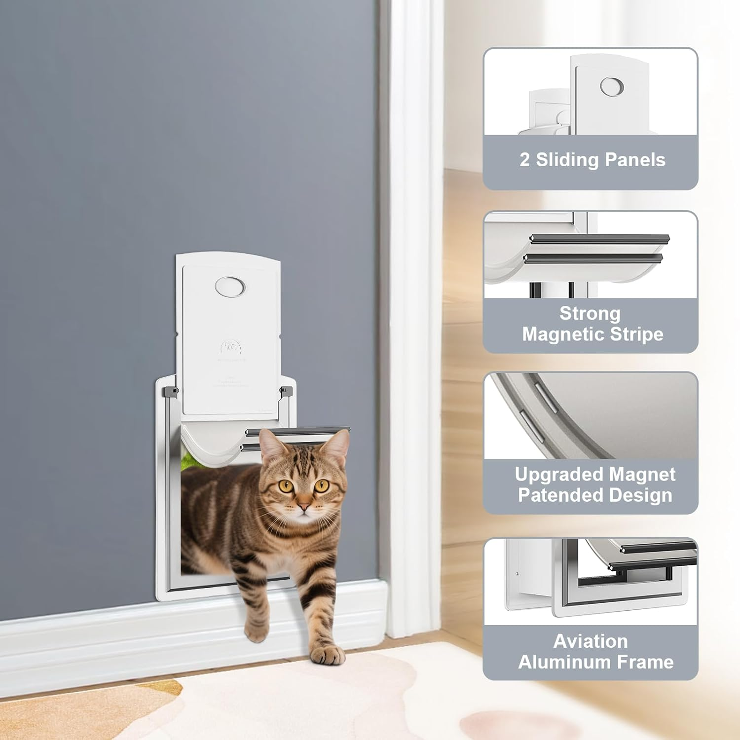 Decormax Cat Door for Wall, Energy Efficient Pet Door with Steel Frame, Telescoping Tunnel, Double Magnetic Flaps and Two Sliding Lock Panels, Easy to Install, Milky White, Small image number 5
