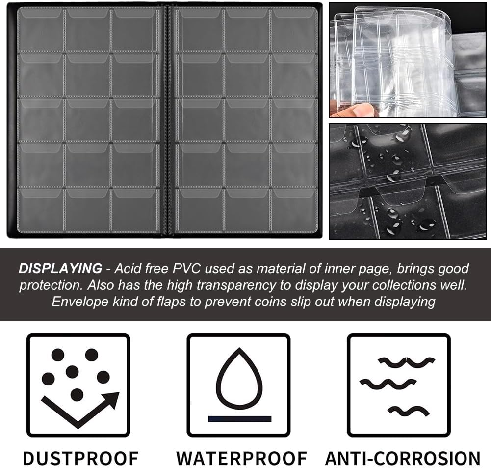 Coin Collection Book 240 Pockets Coin Album Coins Display Storage Case for Coins, Pennies, Quarters, Badges, Stamp (Black) - Black image number 5