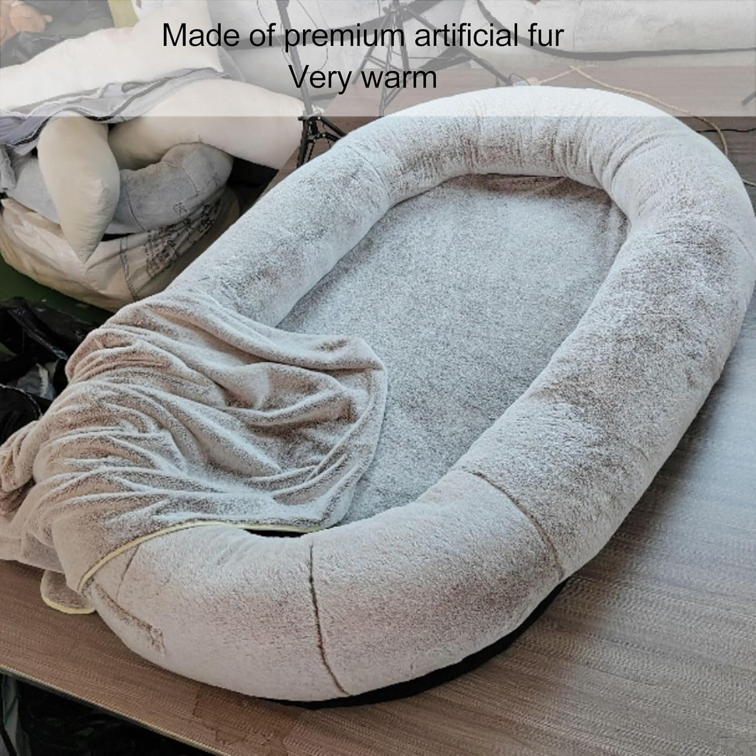 Human Dog Bed, Washable Removable Large Human Size Bean Bag Dog Bed with Memory Foam Supportive Mat and Storage Pocket Faux Fur Orthopedic Dog Bed Nap Bed Adult Oval for Families image number 6